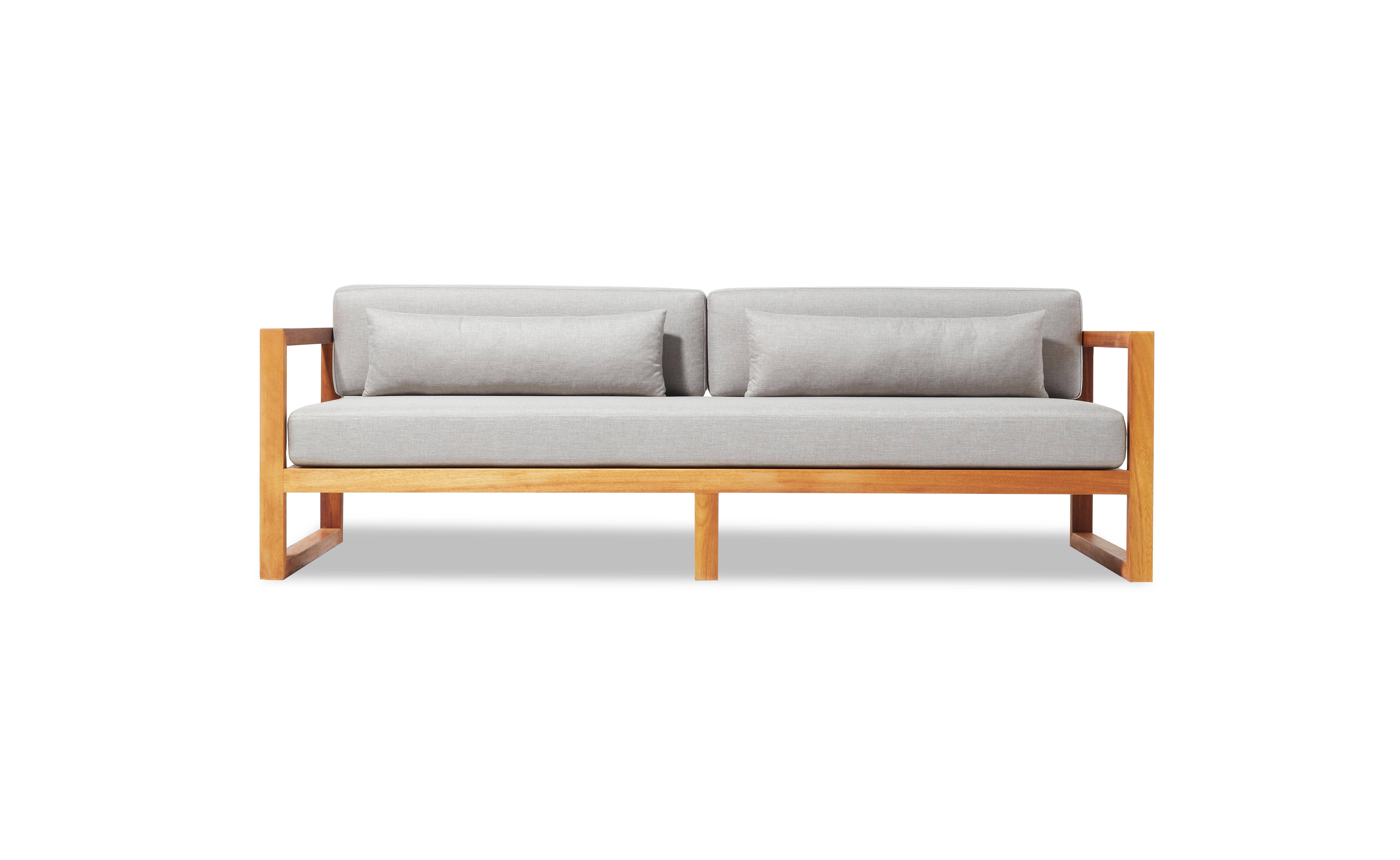 Modern Outdoor Sofa in Solid Iroko Gray Water- Repellent Fabric by CDW - GUSTO For Sale