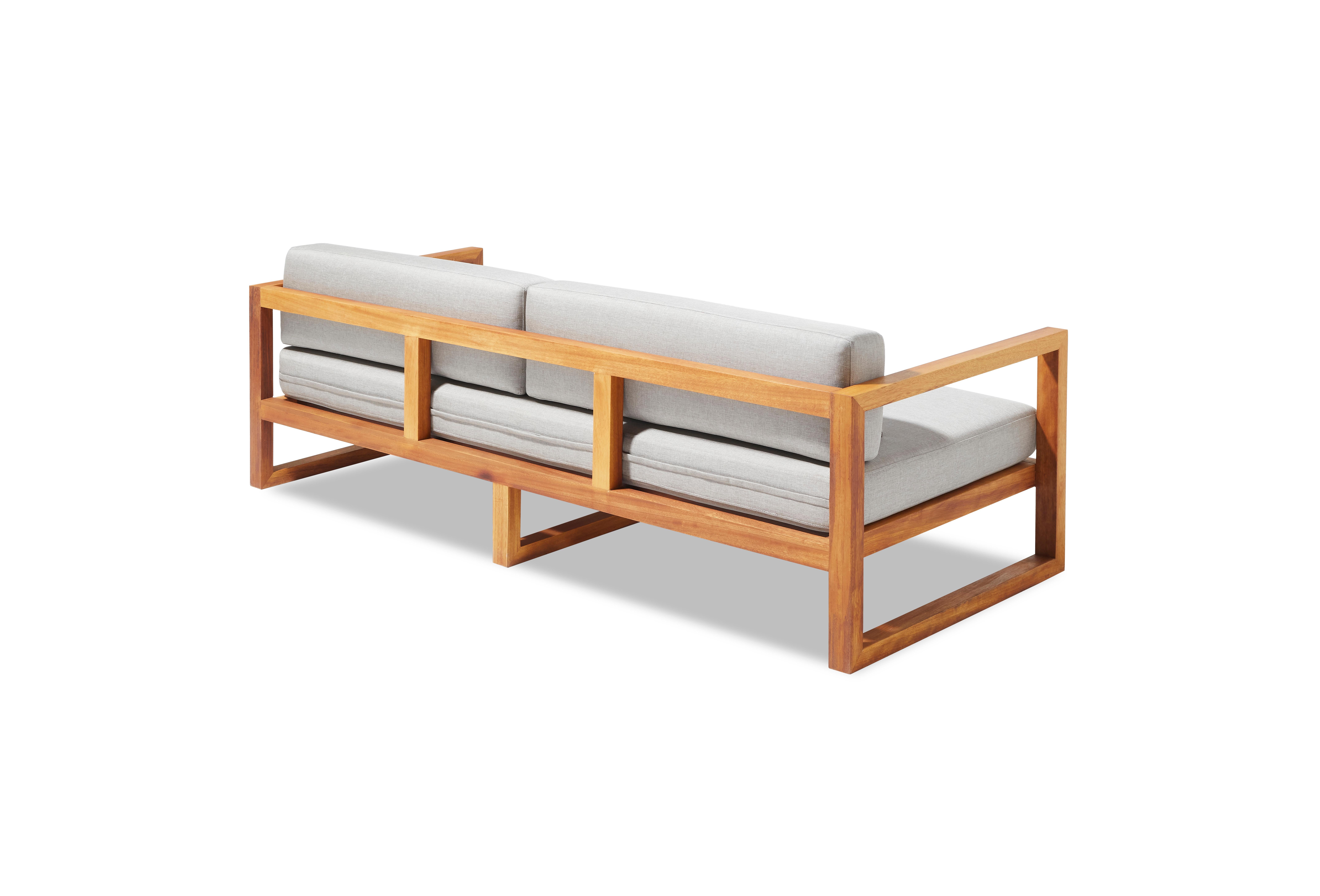 Hand-Crafted Outdoor Sofa in Solid Iroko Gray Water- Repellent Fabric by CDW - GUSTO For Sale