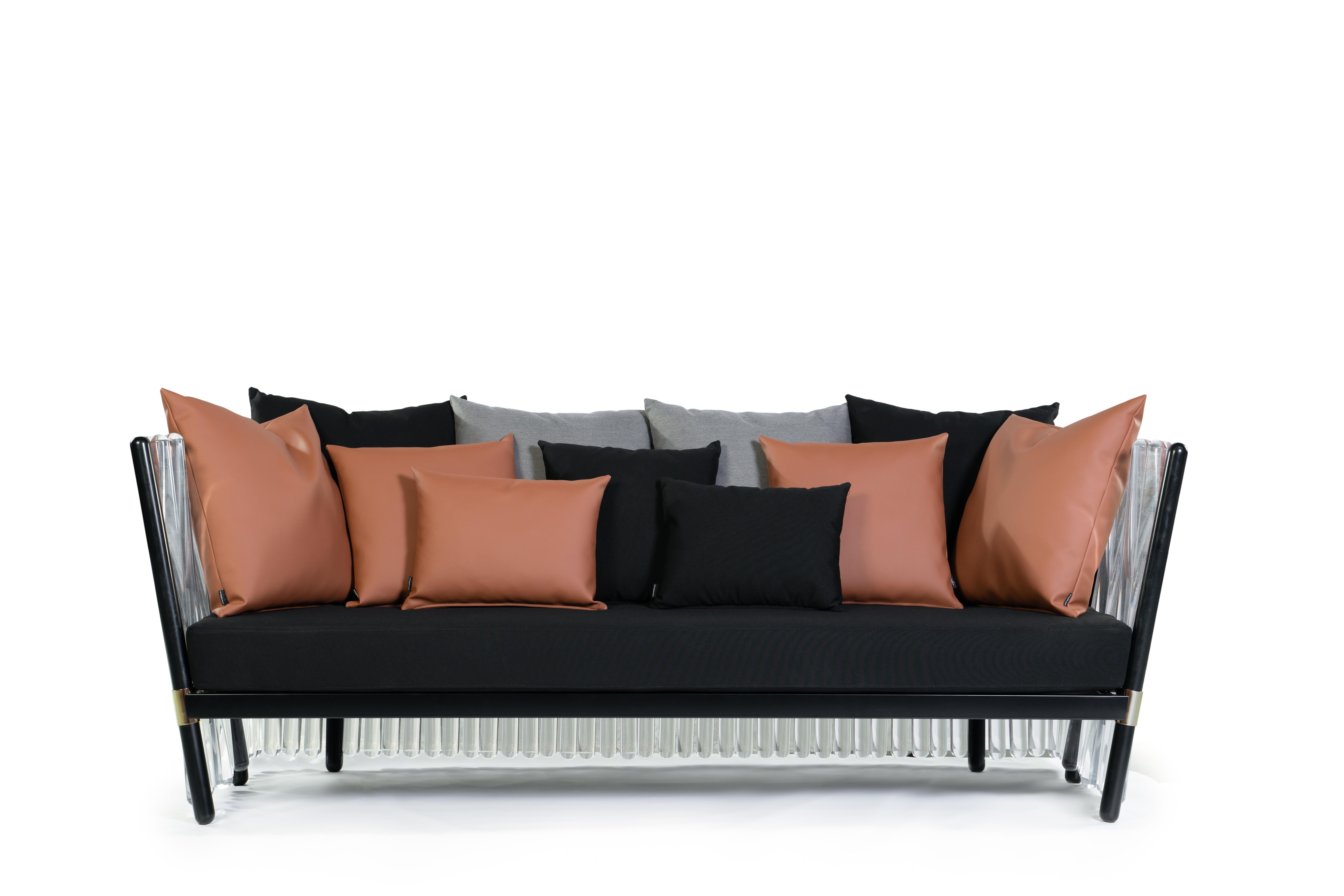 Modern Outdoor Sofa with Clear Acrylic and Gold Plated Upholstered in Acrylic Fabrics For Sale