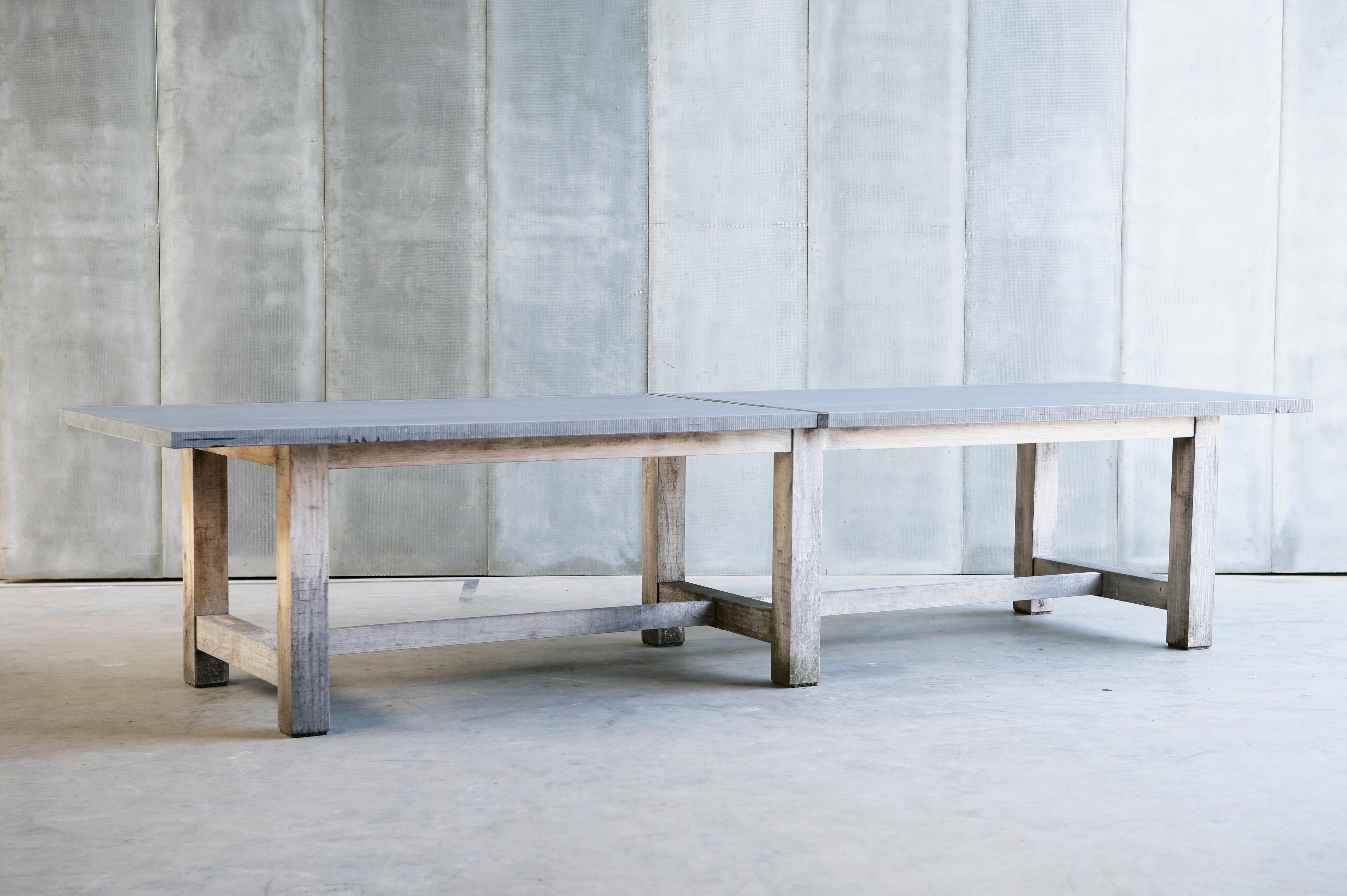Outdoor Solid Oak Dining Table With Belgian Bluestone Slab Top In New Condition For Sale In NEW YORK, NY
