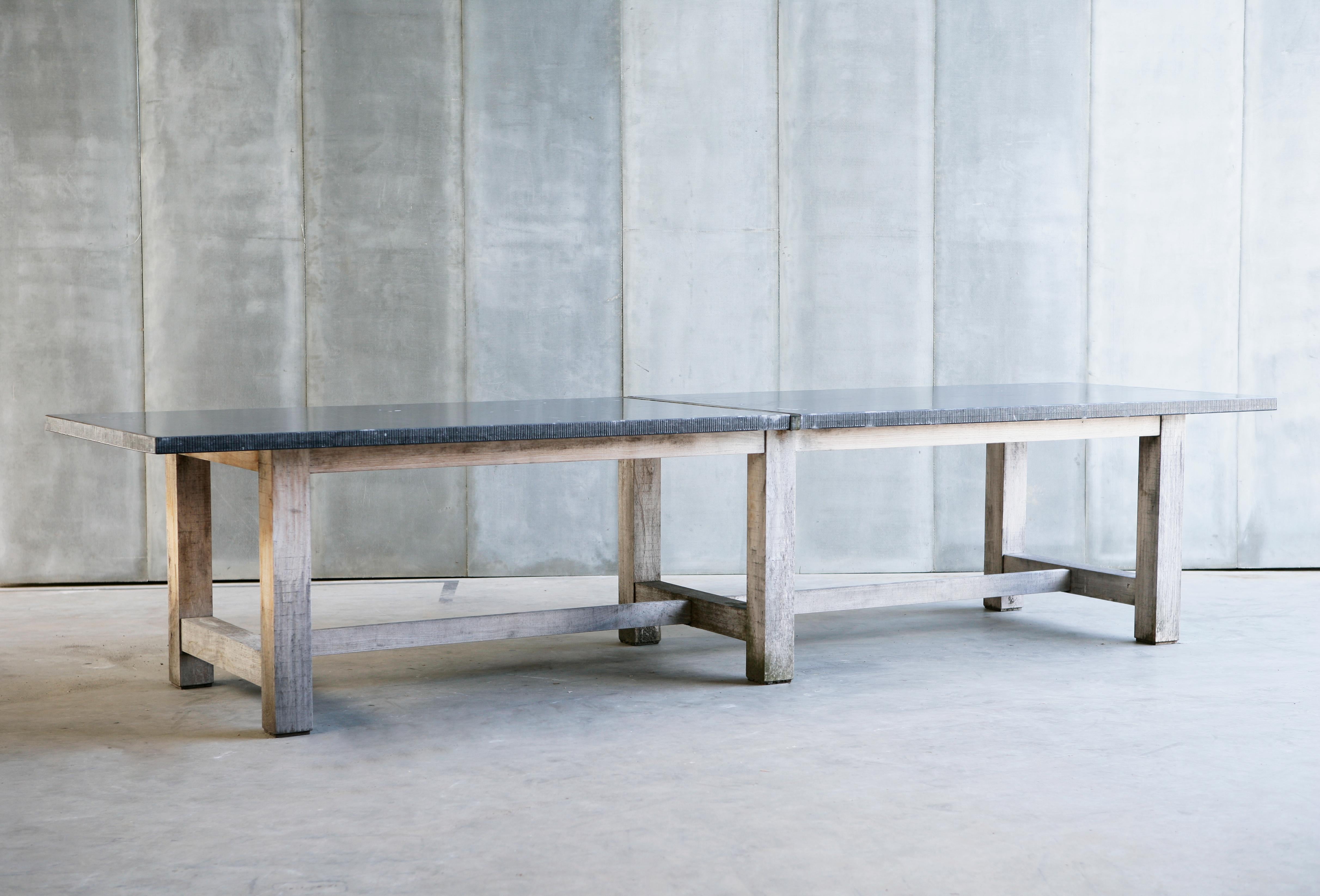 Contemporary Outdoor Solid Oak Dining Table With Belgian Bluestone Slab Top For Sale