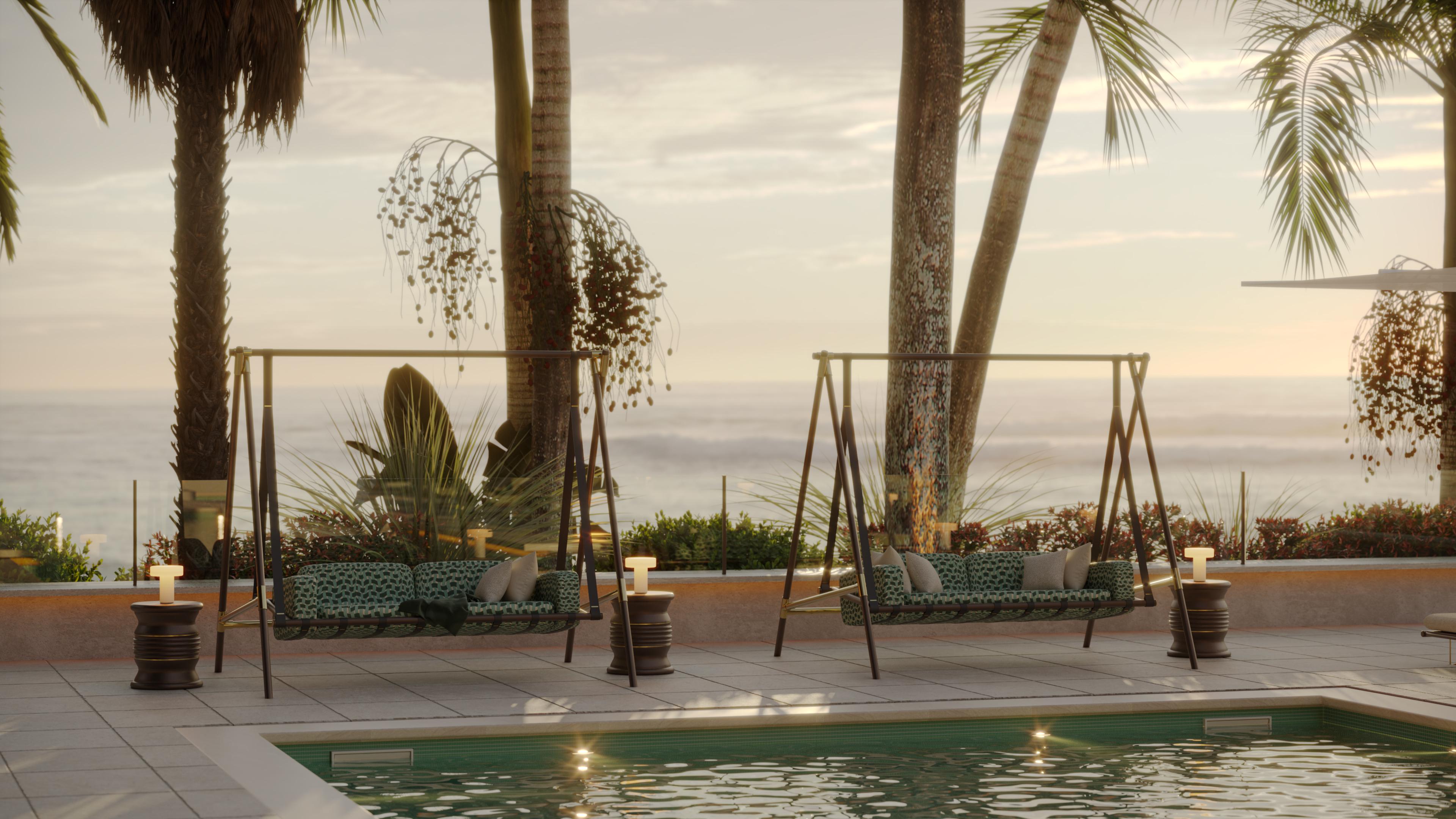 Sgabello da esterno con laccatura marrone e crema e finiture in acciaio inox in vendita 1