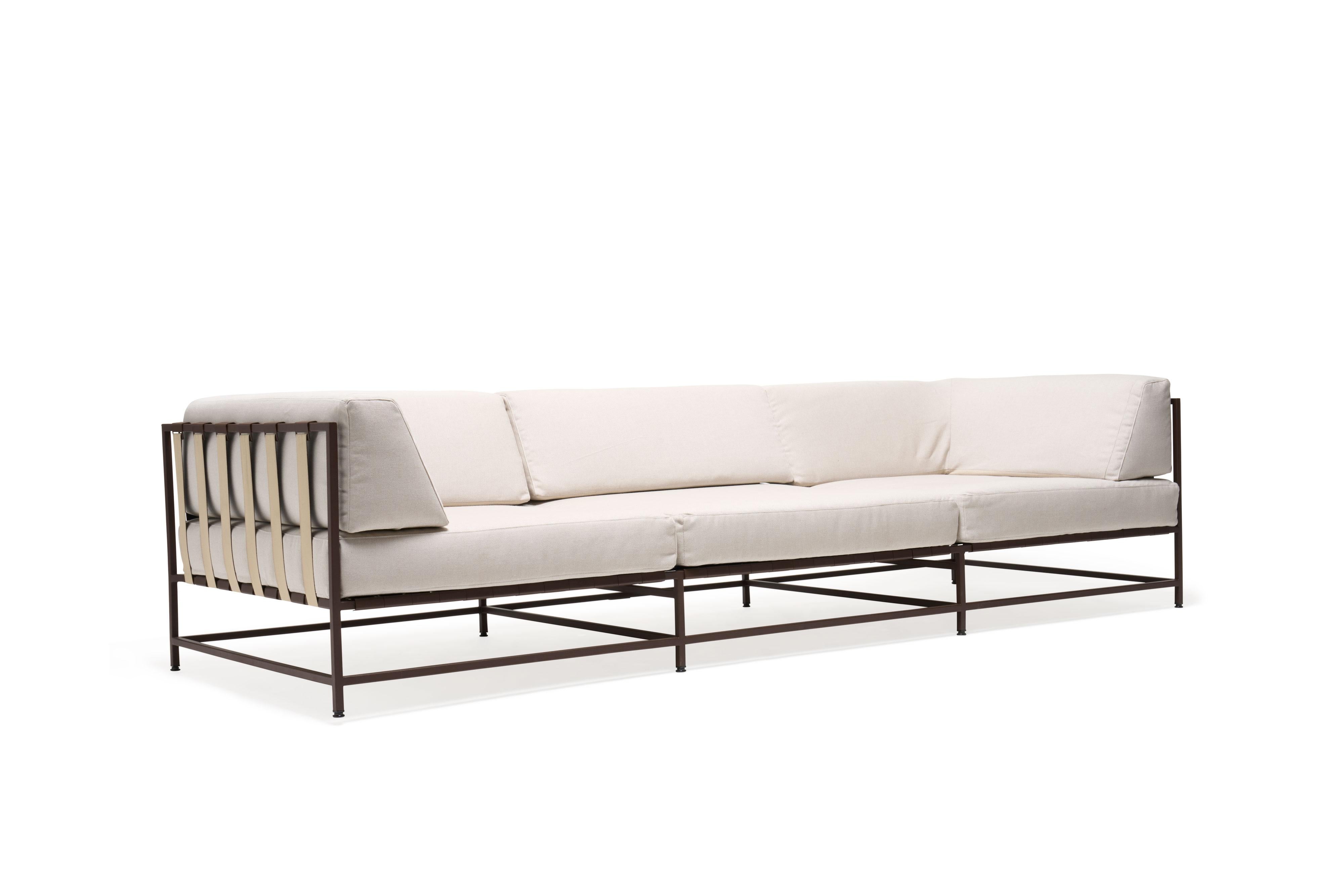 The Outdoor Collection Sofa was designed to be as comfortable as it is modern and durable. It can be used on its own or paired with other elements of the Outdoor Collection to create a larger sectional. The stretch webbing base creates a soft
