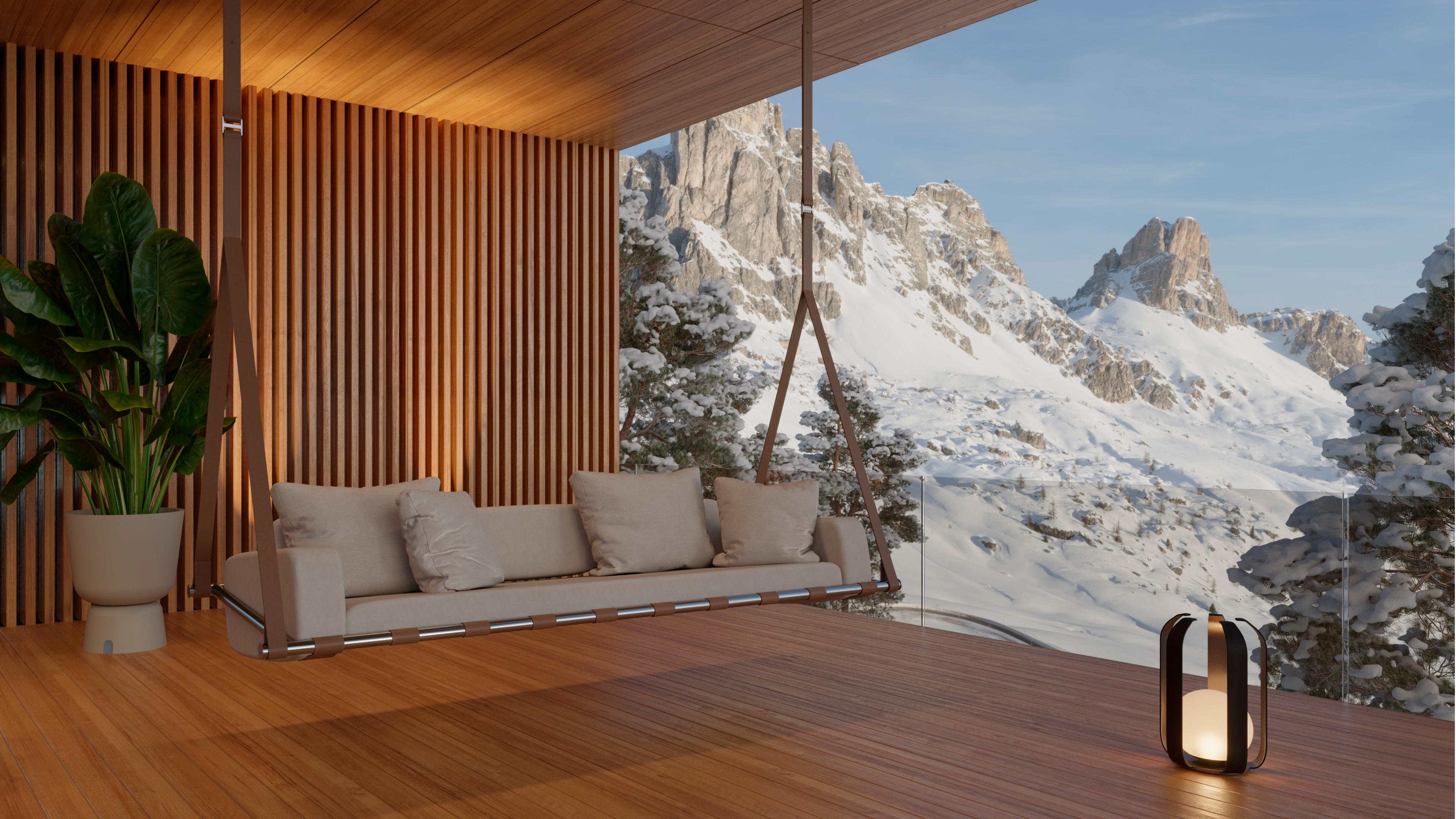 Divano Swing da esterno con rivestimento impermeabile marrone e cinghie in pelle nera in vendita 1