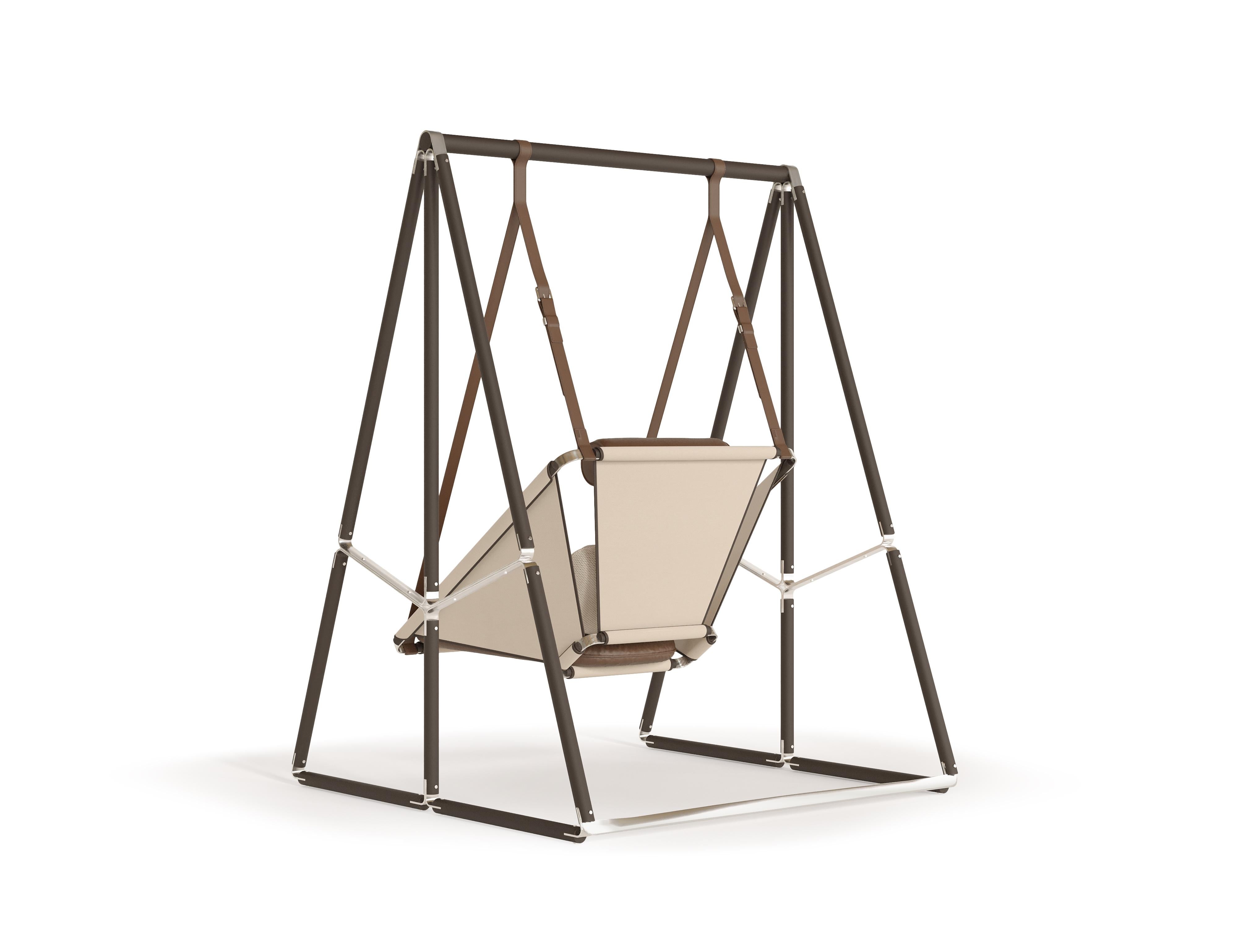 Modern Outdoor Swing with Brown Leather For Sale