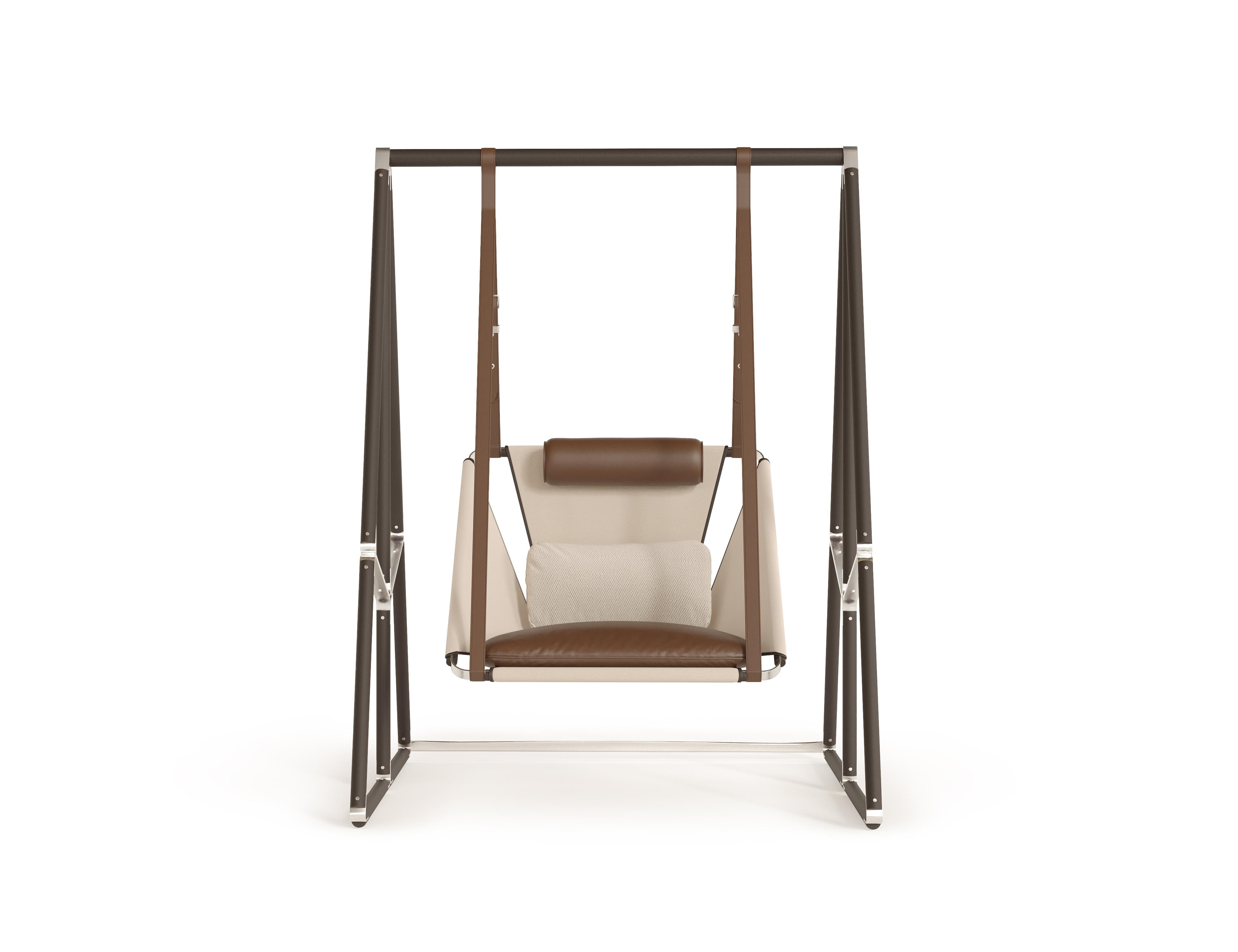 Portuguese Outdoor Swing with Brown Leather For Sale
