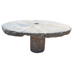 Outdoor Table with Antique Millstone and Cylindrical Base Made of Natural Stone
