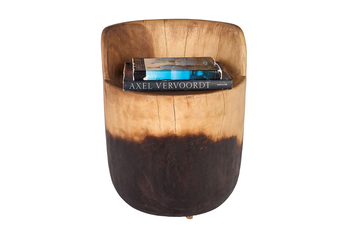 Outdoor Two Tone Natural Carved Wooden Stool In Good Condition In Dallas, TX