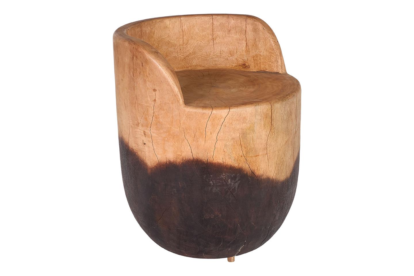 Outdoor Two Tone Natural Carved Wooden Stool In Good Condition In Dallas, TX