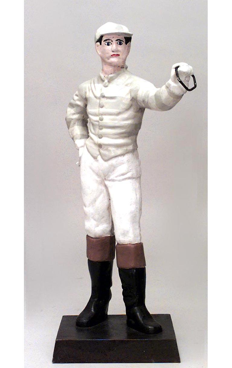 Outdoor Victorian-style (19/20th Century) painted white metal large jockey figure hitching post. Please note only blue jockey is still available.

