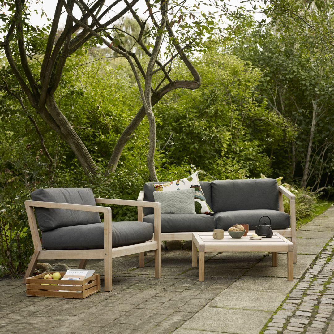 Contemporary Outdoor 'Virkelyst' 2-Seater Sofa in Teak and Honey Yellow Fabric for Skagerak For Sale