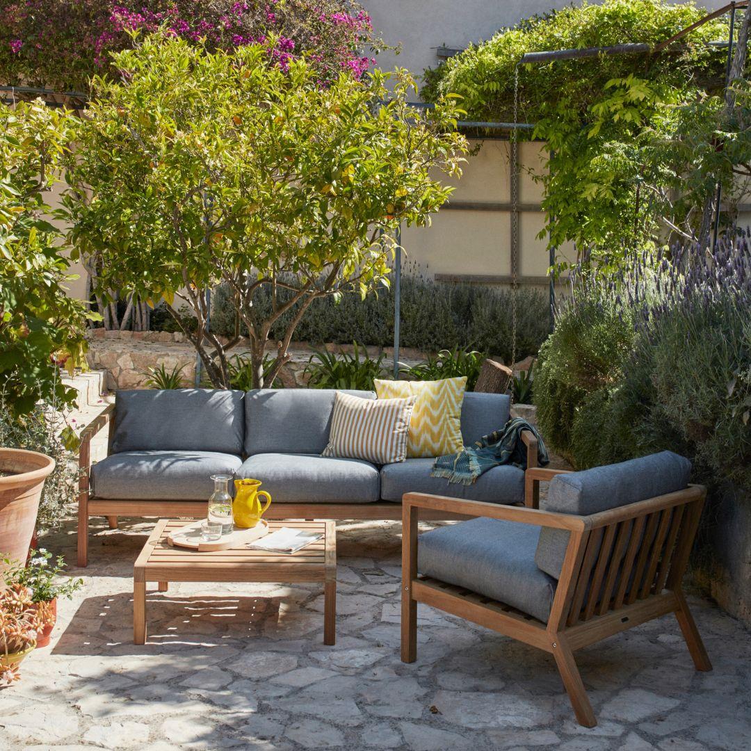 Outdoor 'Virkelyst' 3-seater sofa in teak and ash fabric for Skagerak

Skagerak was founded in 1976 by Jesper and Vibeke Panduro, who took inspiration from their love of Scandinavian design and its rich tradition. The brand emphasizes