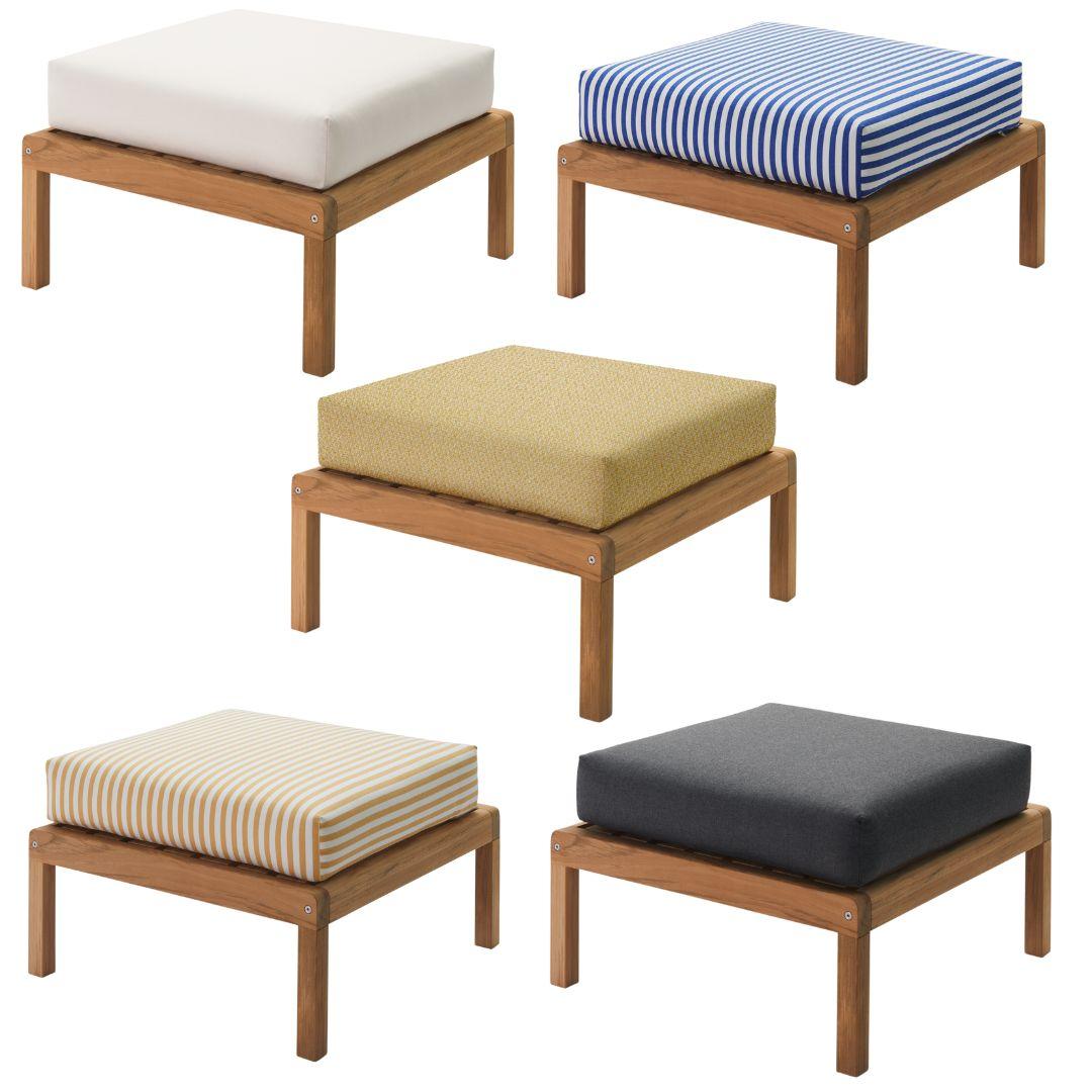 XXI secolo e contemporaneo Pouf da esterno 'Virkelyst' in teak e tessuto a righe giallo oro per Skagerak in vendita