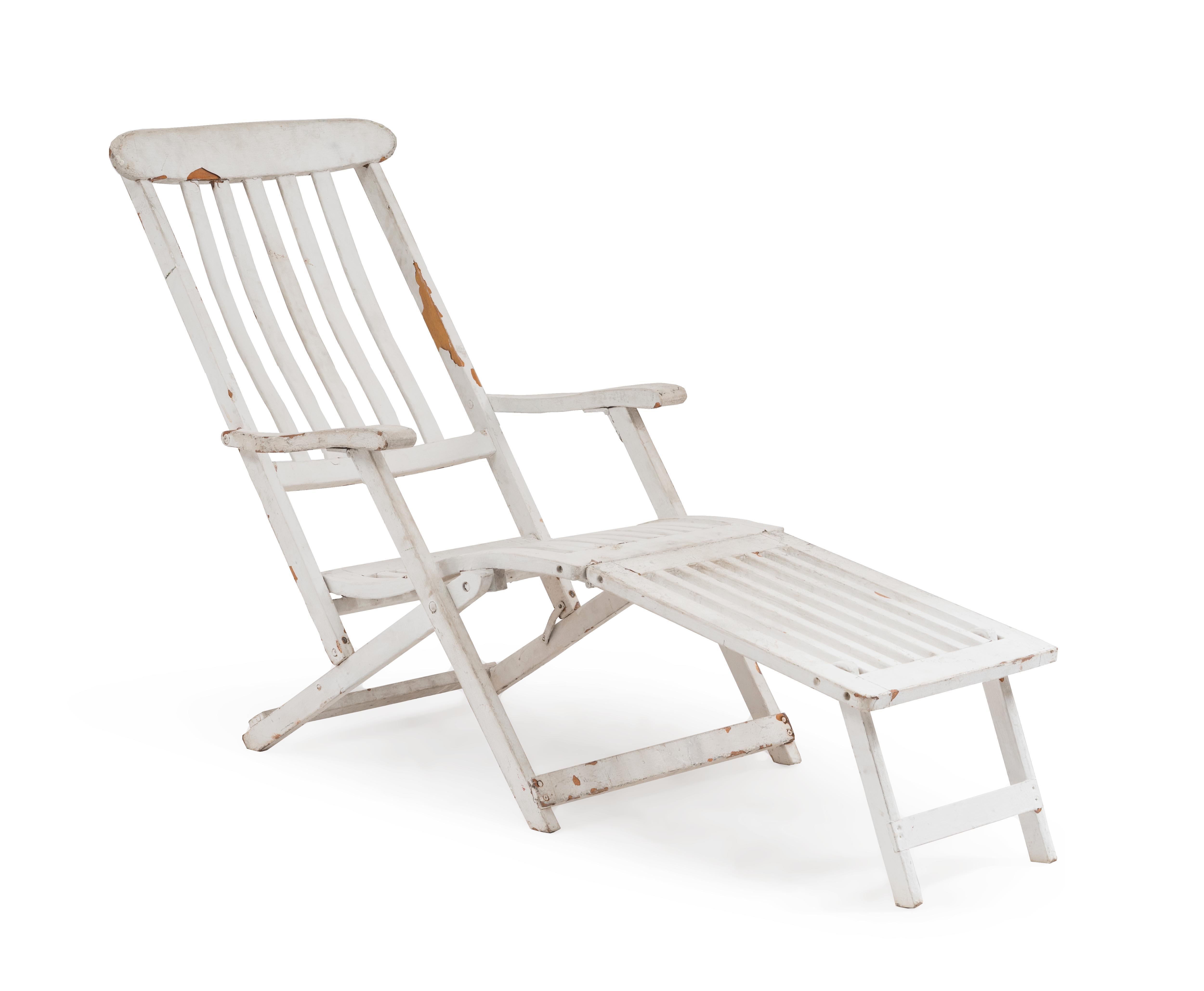 2 outdoor (20th century) white painted folding deck chairs with slat design (Priced each).