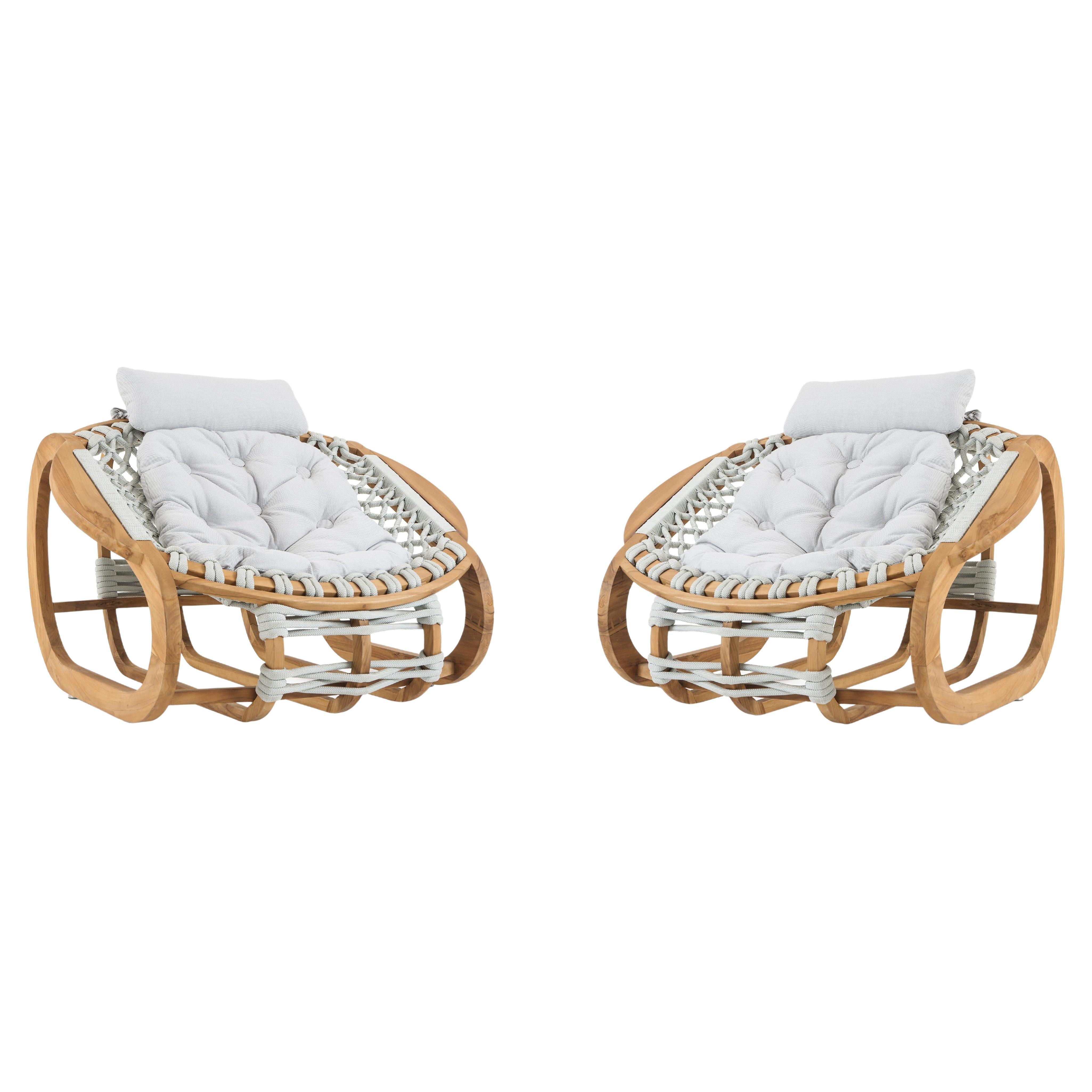 Outdoor Woven Rope Armchair in Solid Natural Teak 'Set of 2'