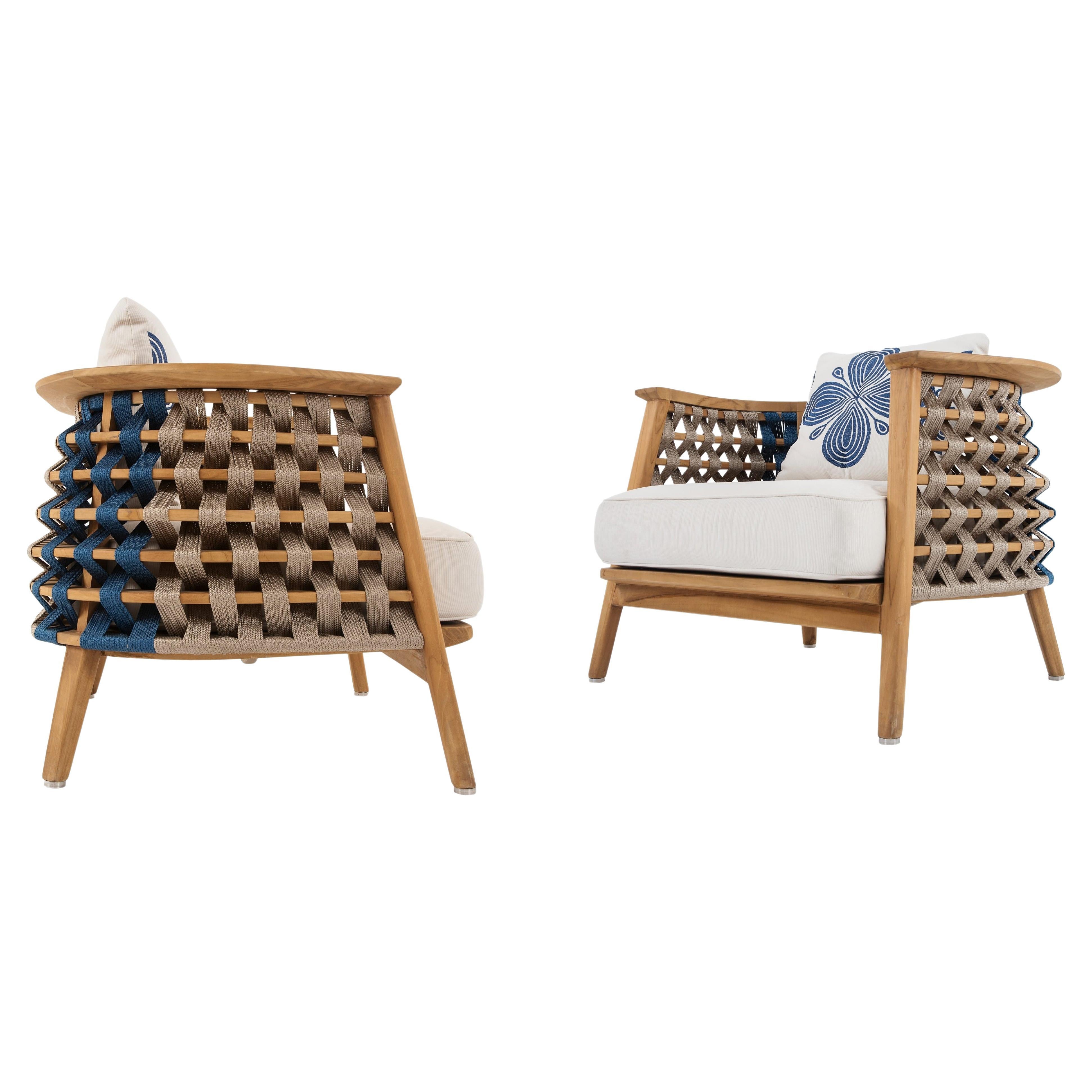 Outdoor Woven Rope Armchair in Solid Teak