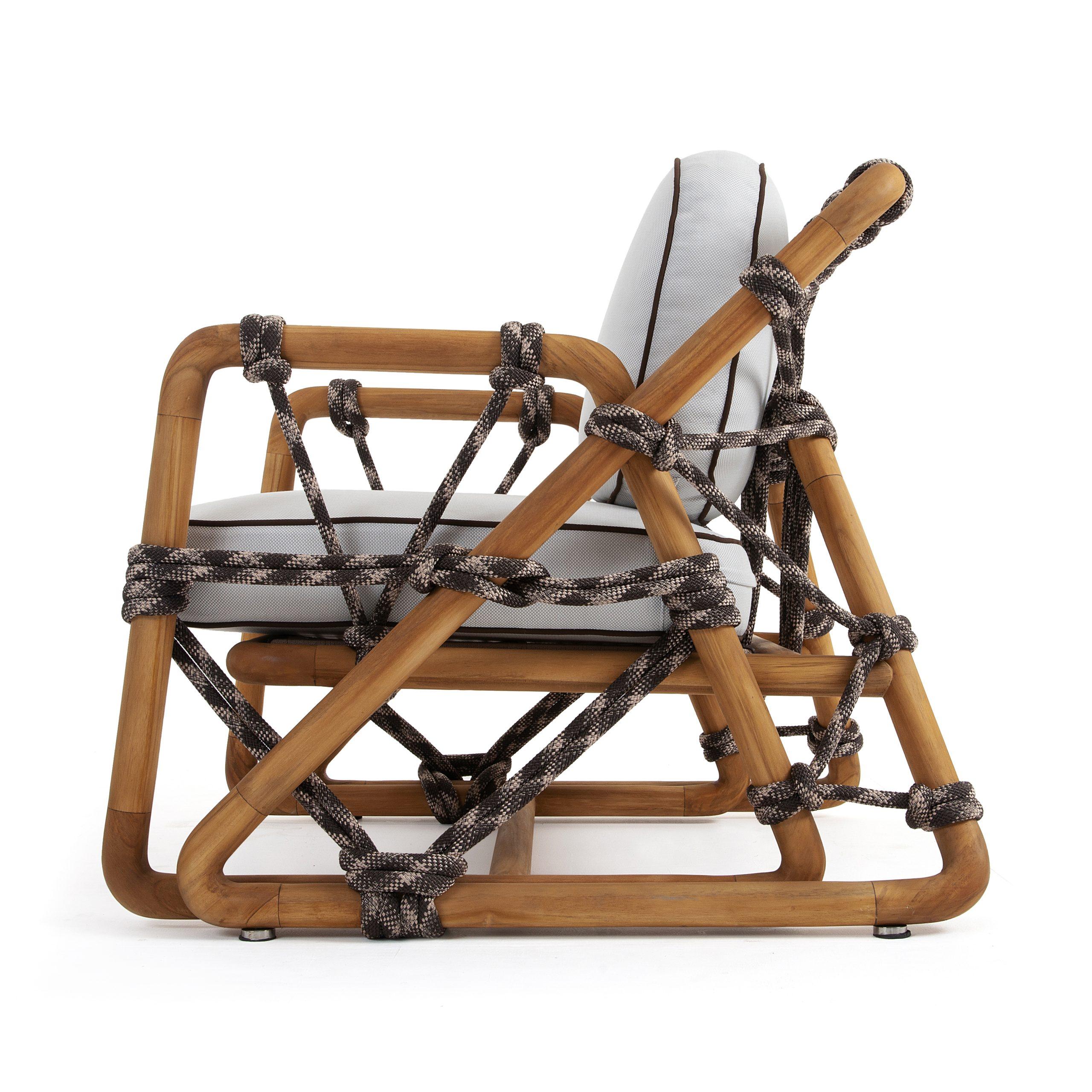 Moderne Chaise longue en corde tressée pour l'extérieur en teck naturel en vente