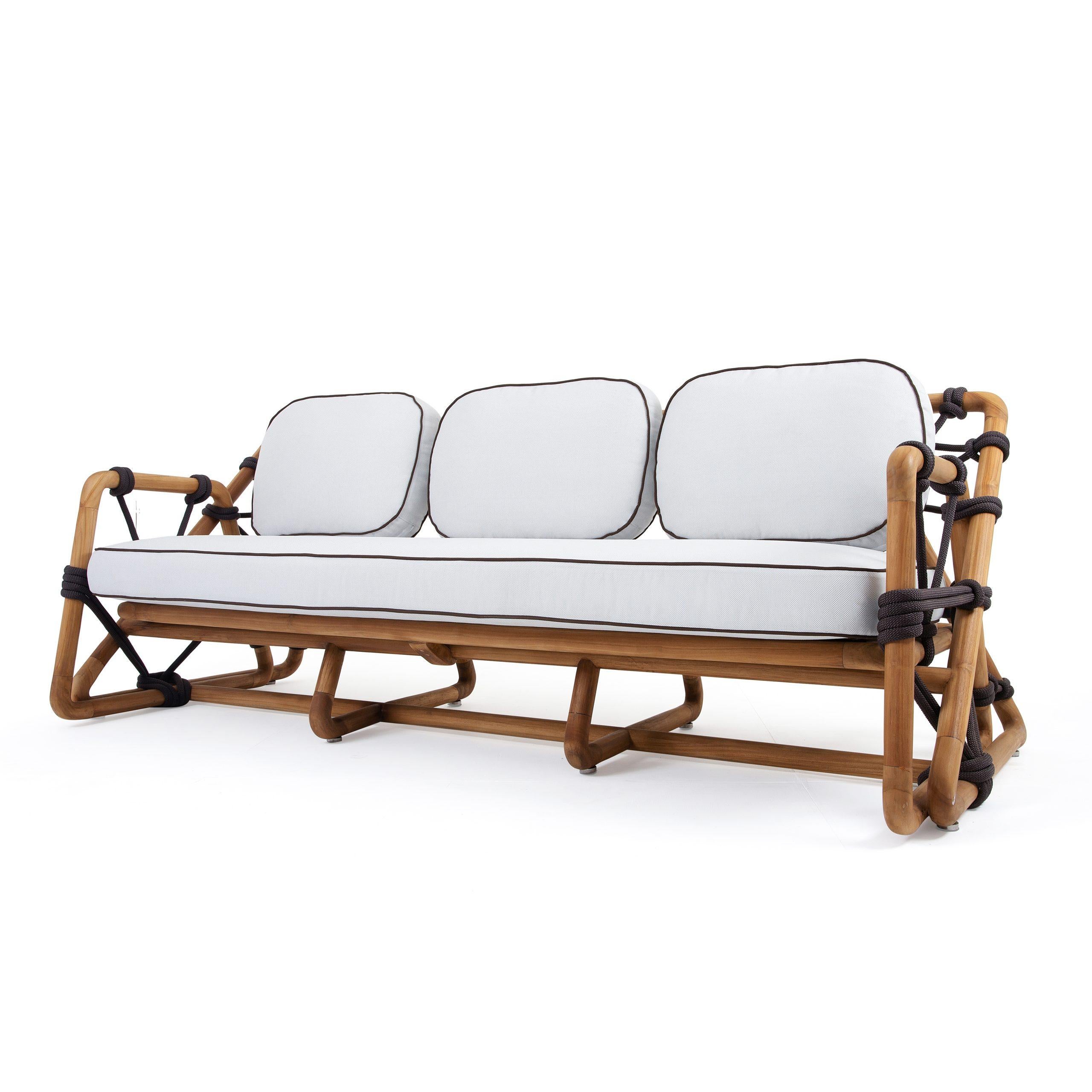 Asian Outdoor Woven Rope Sofa in Natural Teak For Sale