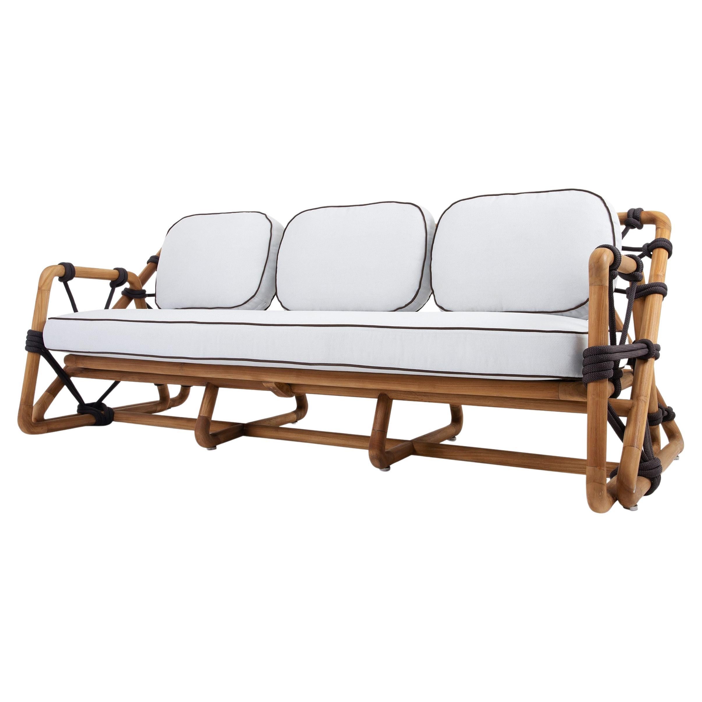 Outdoor-Sofa aus geflochtenem Seil in natürlichem Teakholz im Angebot