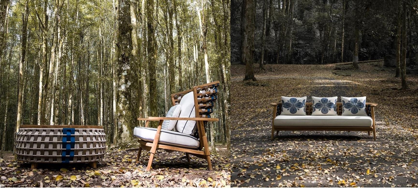 Outdoor-Sofa aus geflochtenem Seil in massivem Teakholz (Handgefertigt) im Angebot