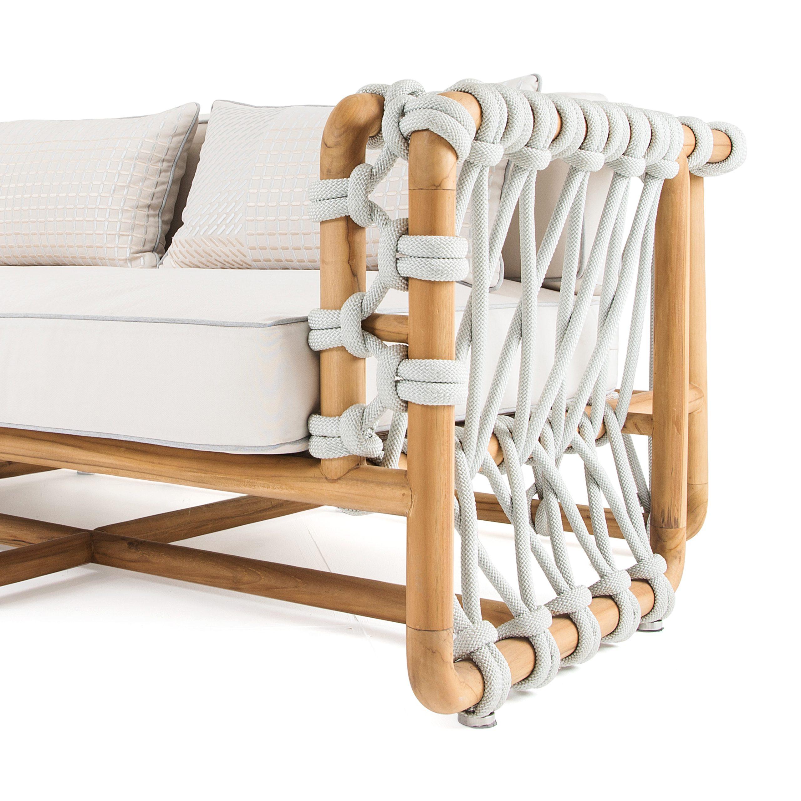 Outdoor-Sofa aus geflochtenem Seil in massivem Teakholz (Stoff) im Angebot