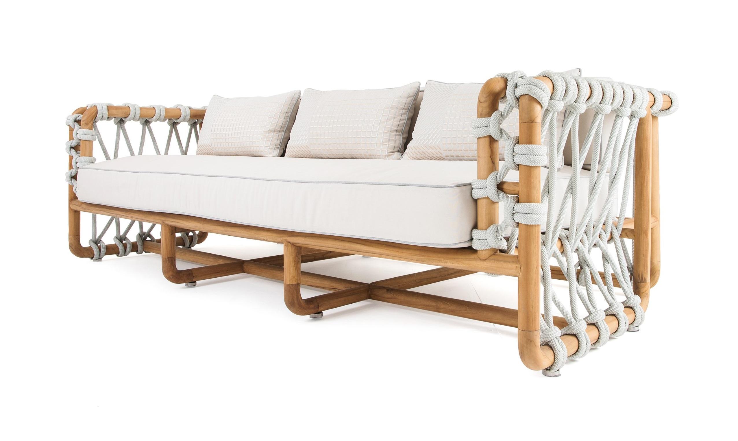 Outdoor-Sofa aus geflochtenem Seil in massivem Teakholz im Angebot