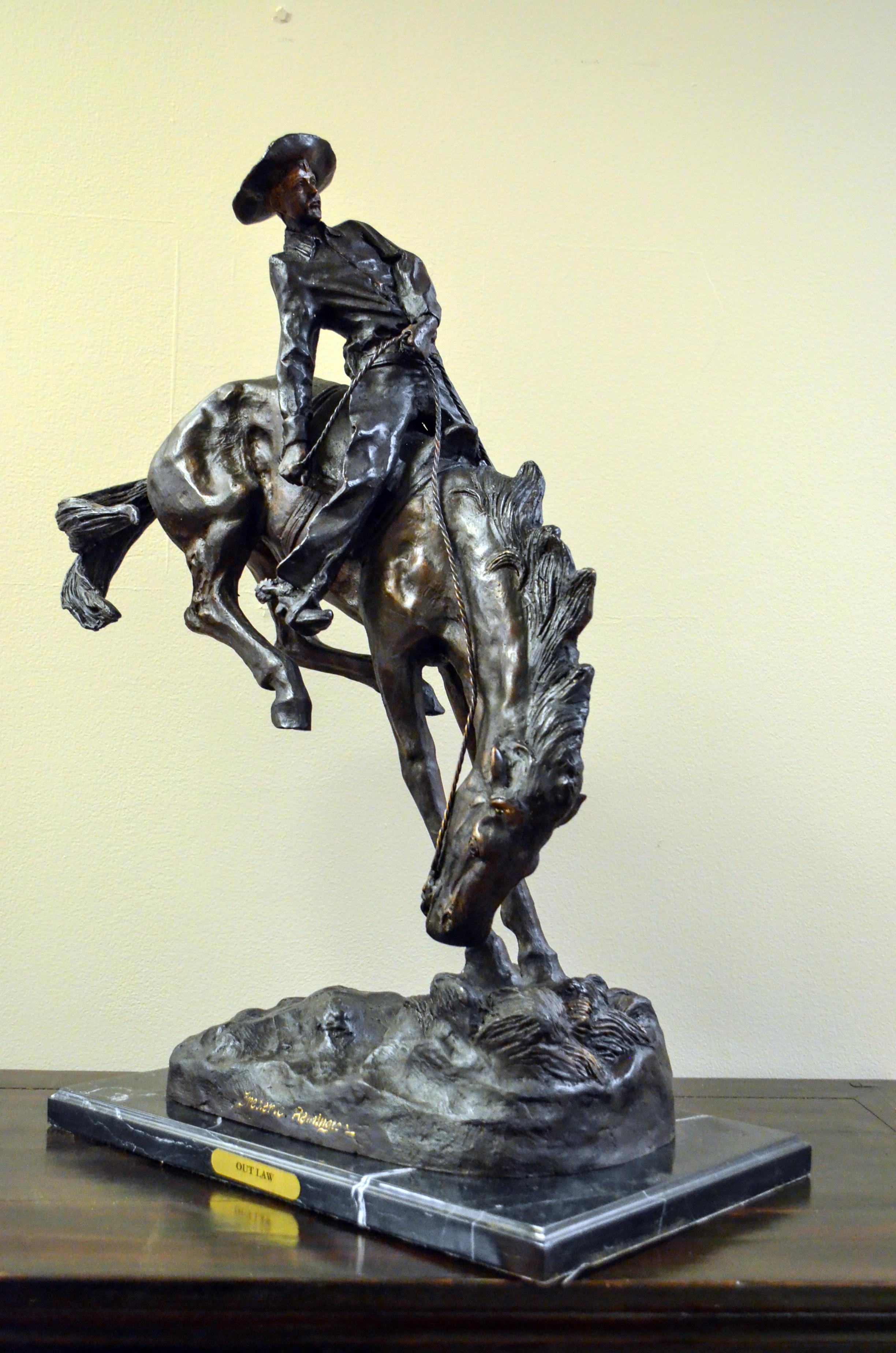 Outlaw Cast Bronze Sculpture on Marble Base, after Frederic Remington For Sale 7