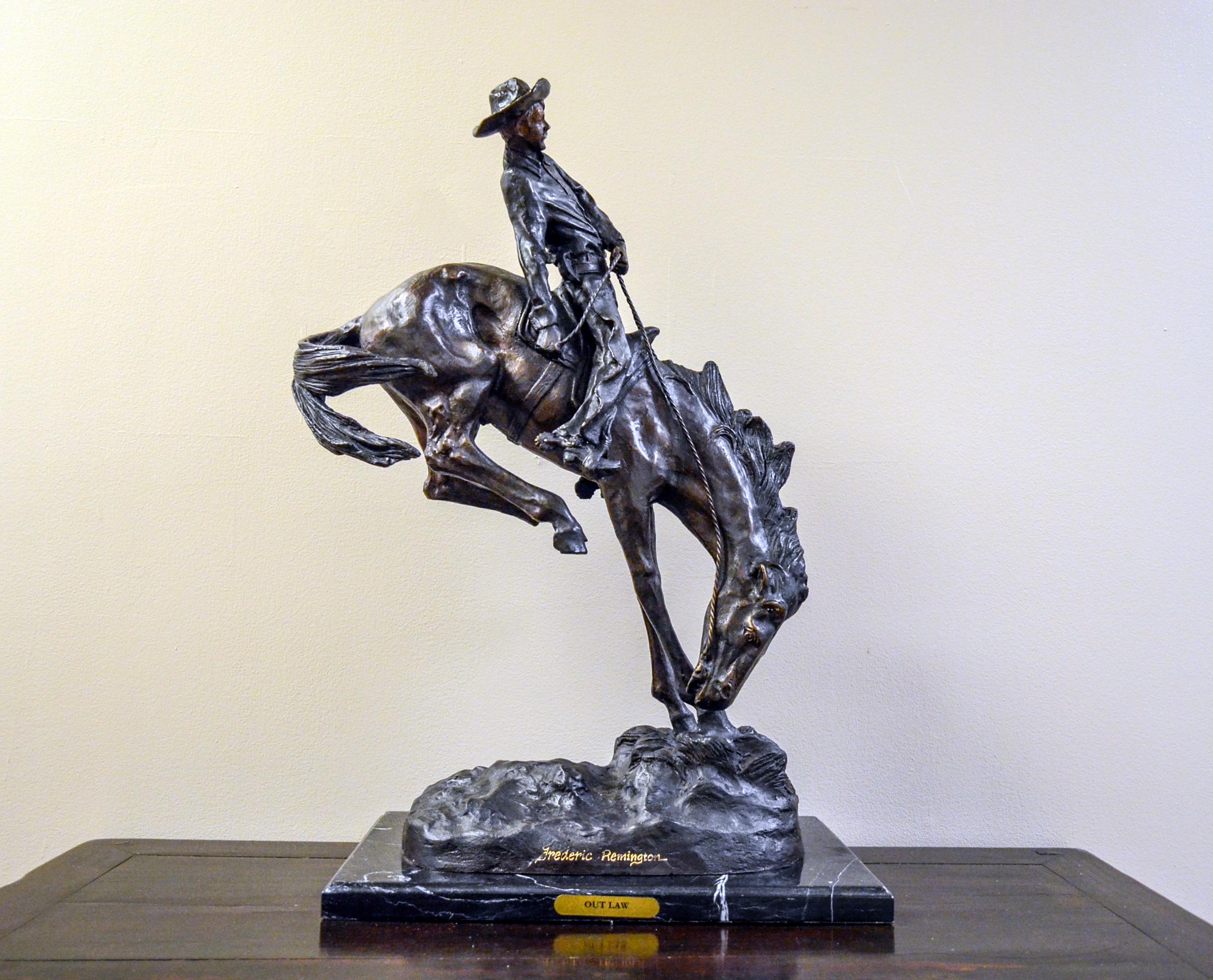 Outlaw Cast Bronze Sculpture on Marble Base, after Frederic Remington For Sale 8