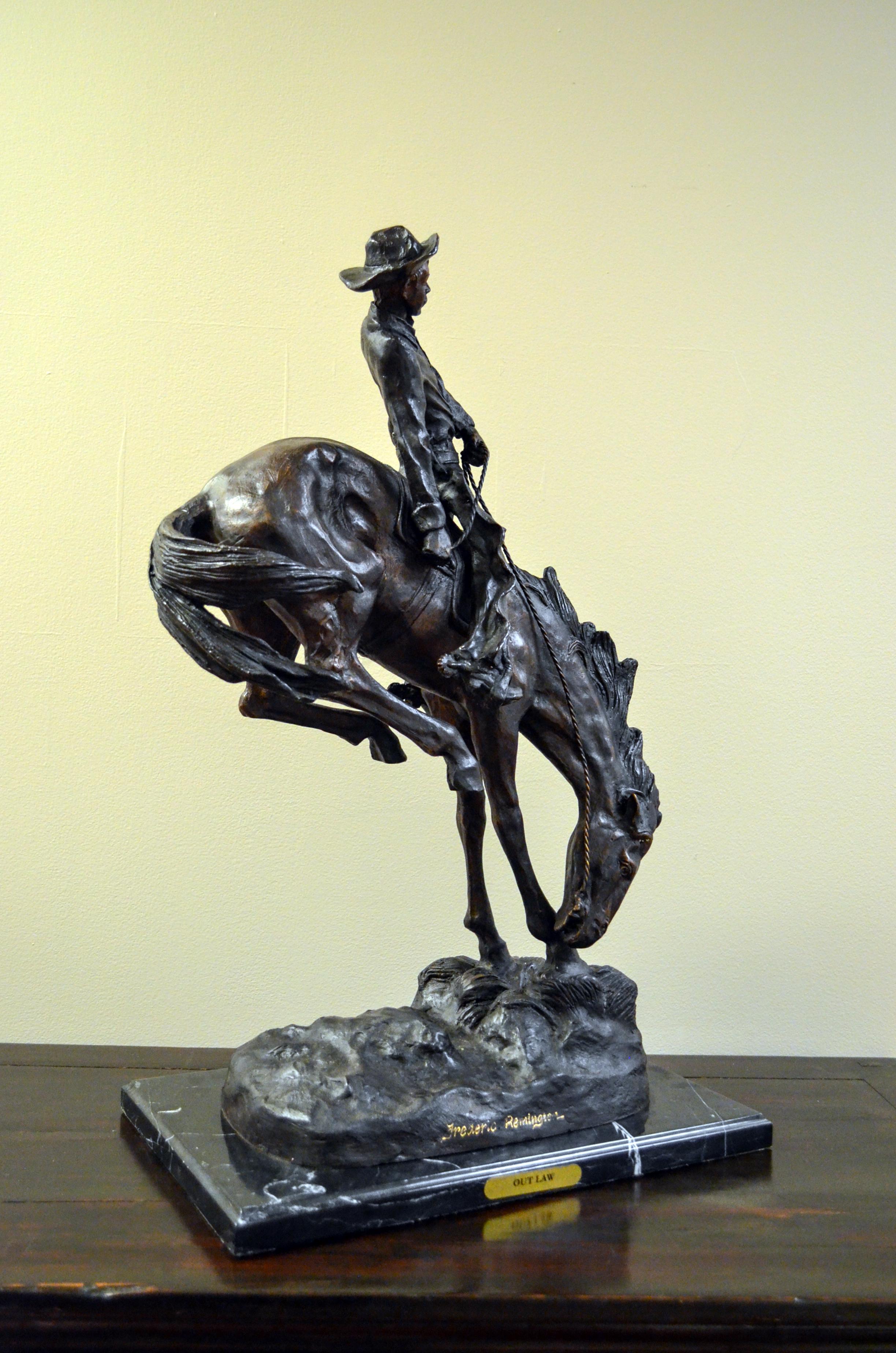 Outlaw Cast Bronze Sculpture on Marble Base, after Frederic Remington For Sale 9