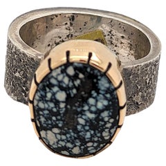 Outlaw Creek Luxury - Sterling Silver and 14k Gold Ring with New Lander Turquois