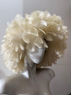 Outrageous 1950s Maria Pia Cream & Black Turkey Feather Hat w Black Tulle Crown