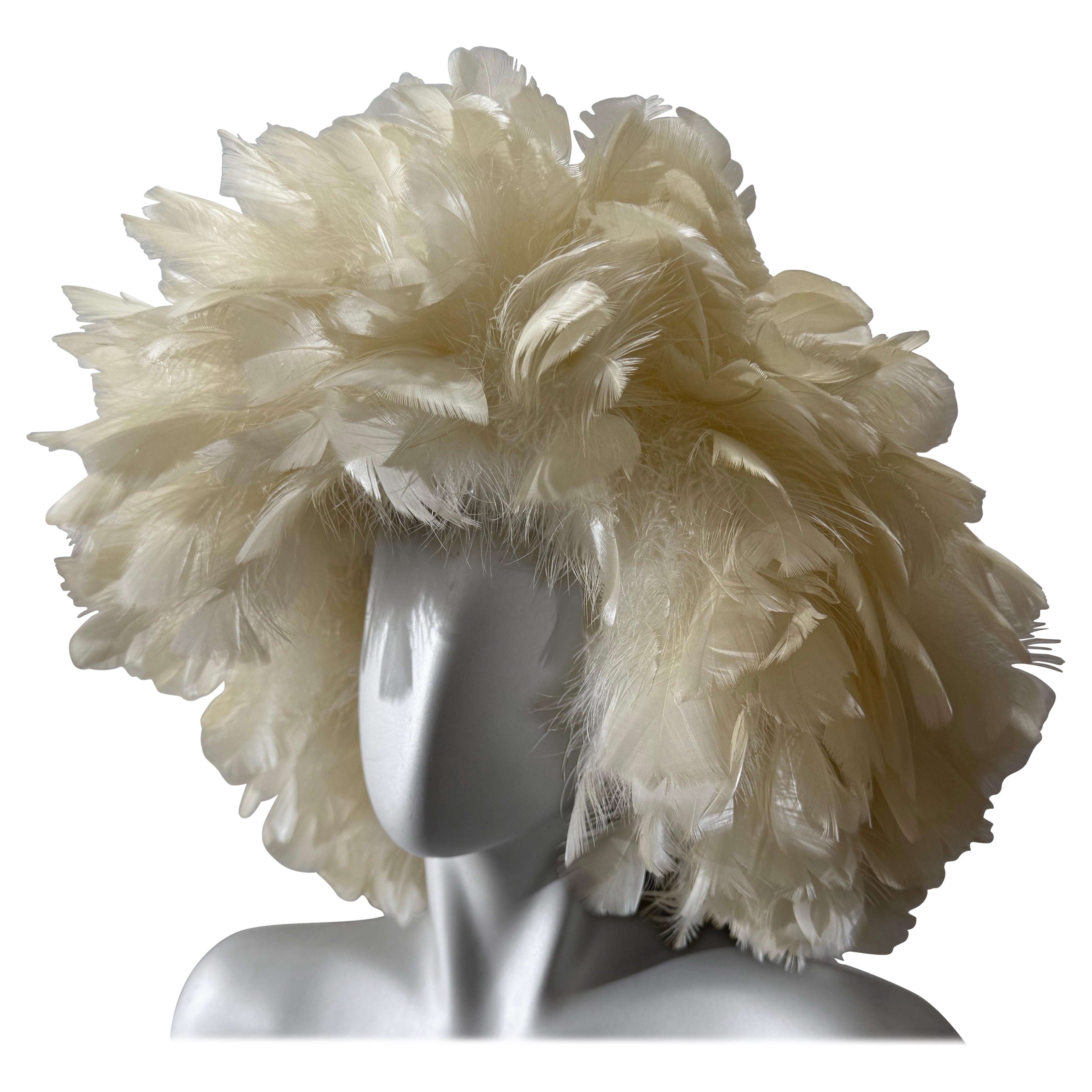 Outrageous 1950s Maria Pia Cream 
Black Turkey Feather Hat w Black Tulle Crown