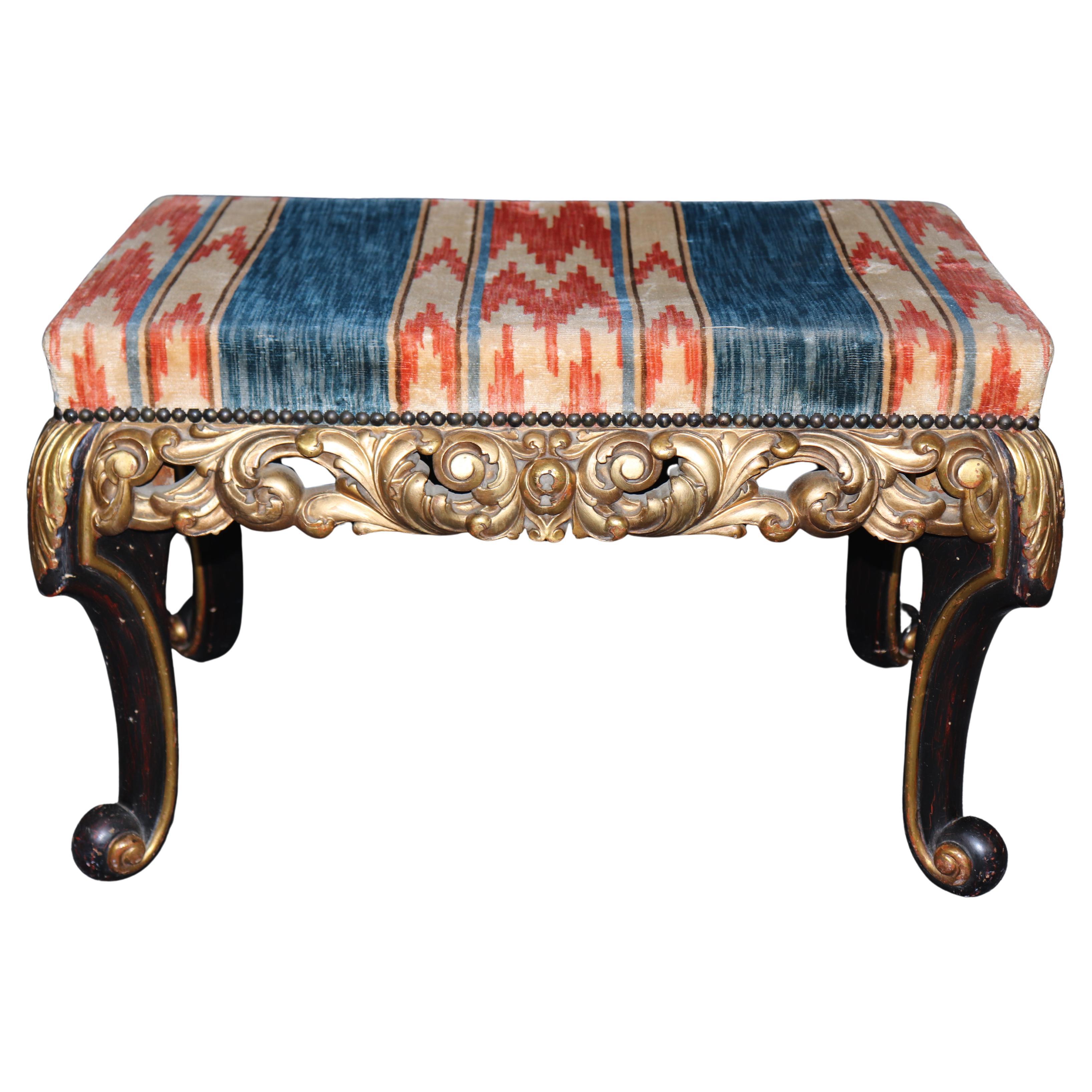 Outrageous Colorful Upholstered Italian Rococo Giltwood Carved Ebonized Stool