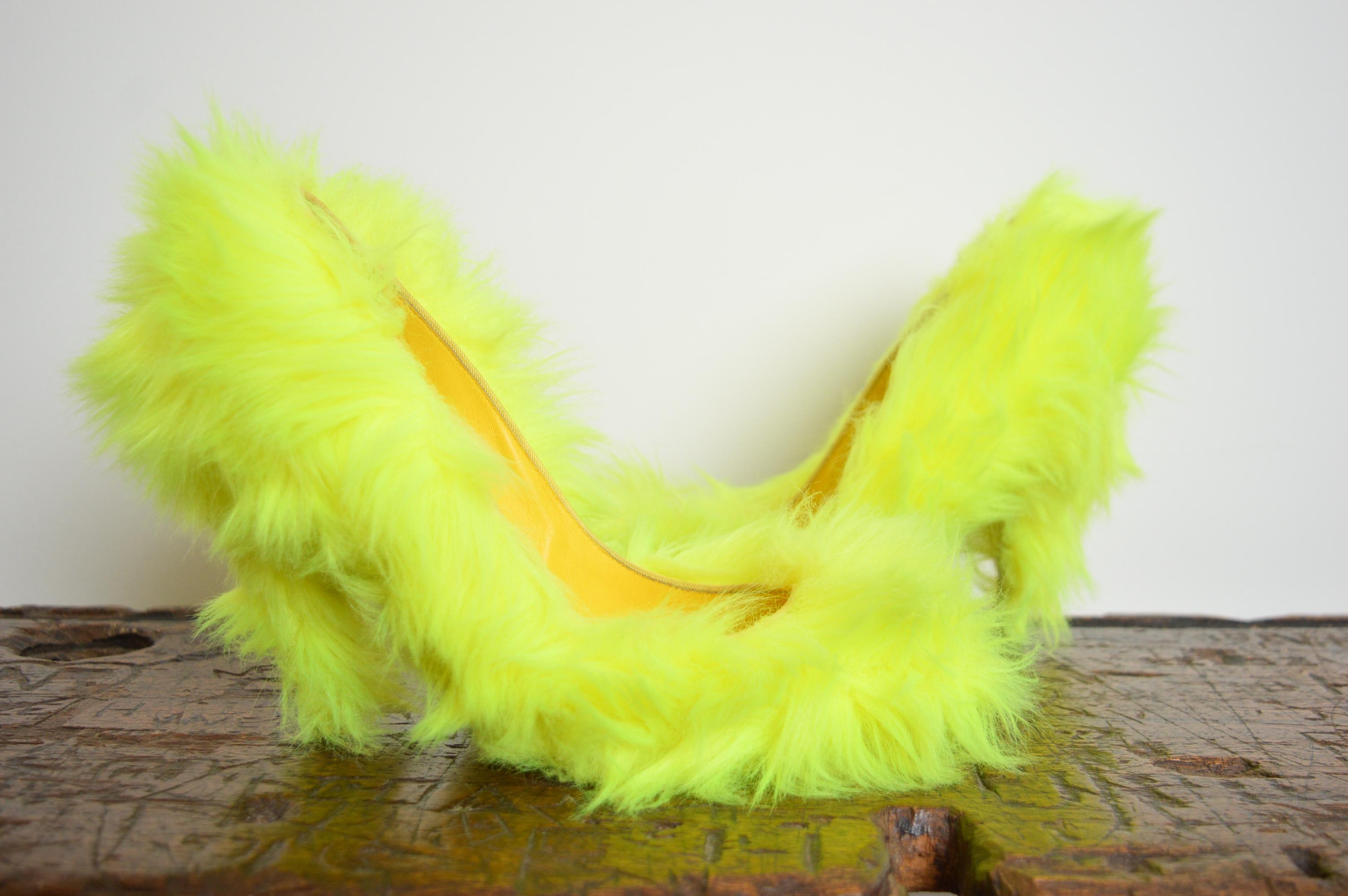 Outrageous DOLCE & GABBANA Neon Yellow fluorescent faux fur stiletto high heels 2