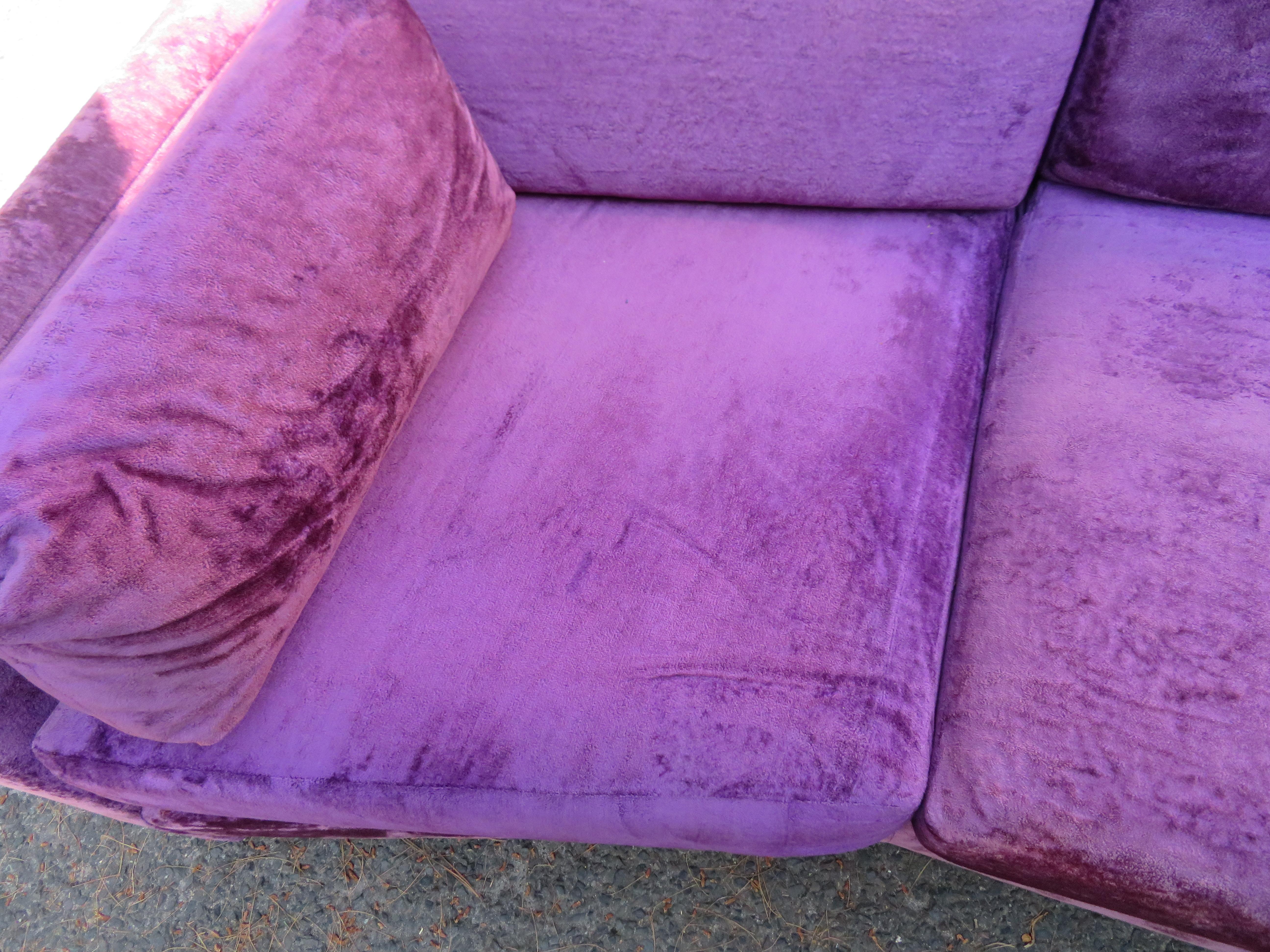 Outrageous Harvey Probber style Purple Velvet Curved Sofa Mid-Century Modern For Sale 1