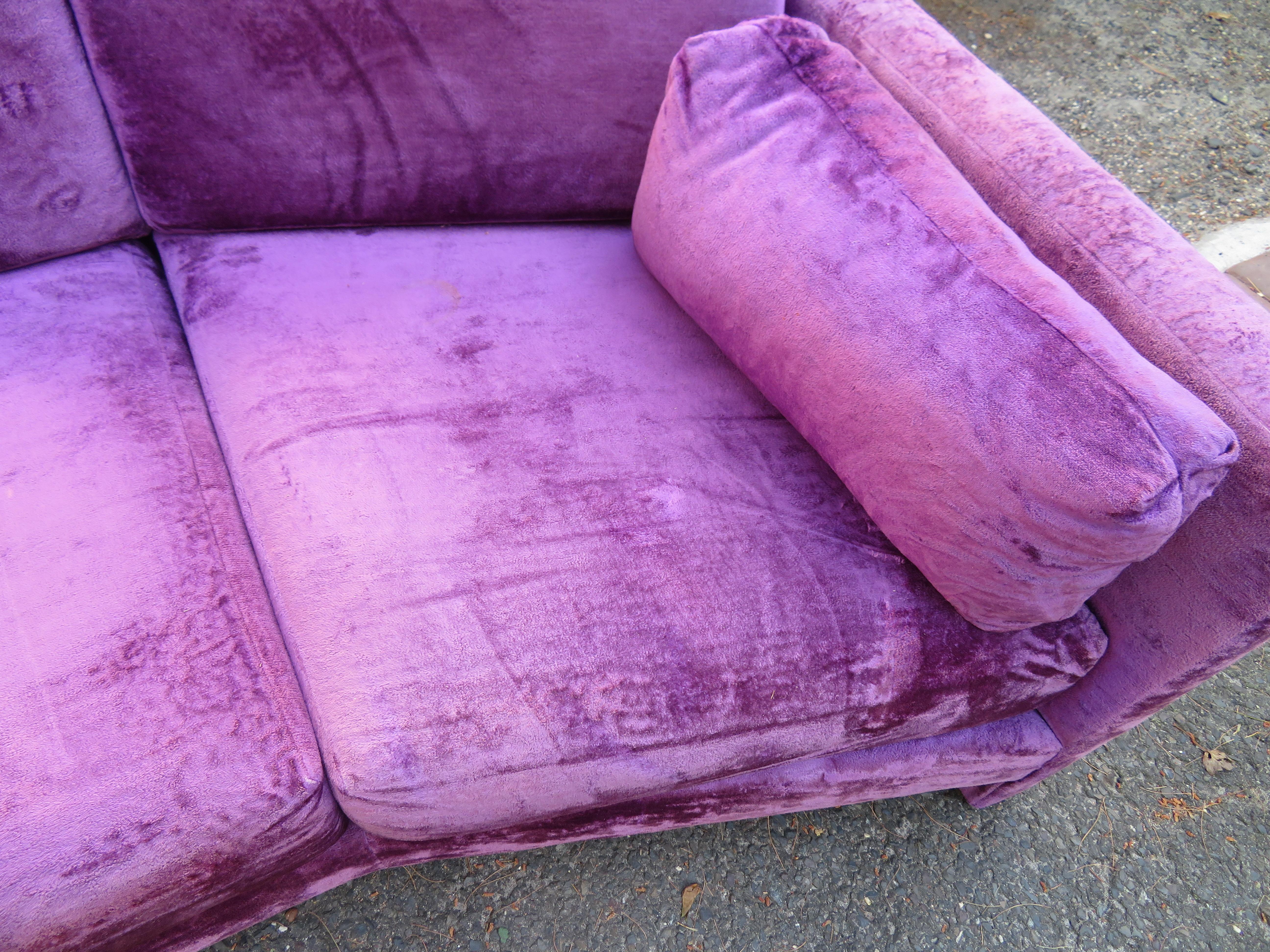 Outrageous Harvey Probber style Purple Velvet Curved Sofa Mid-Century Modern 3
