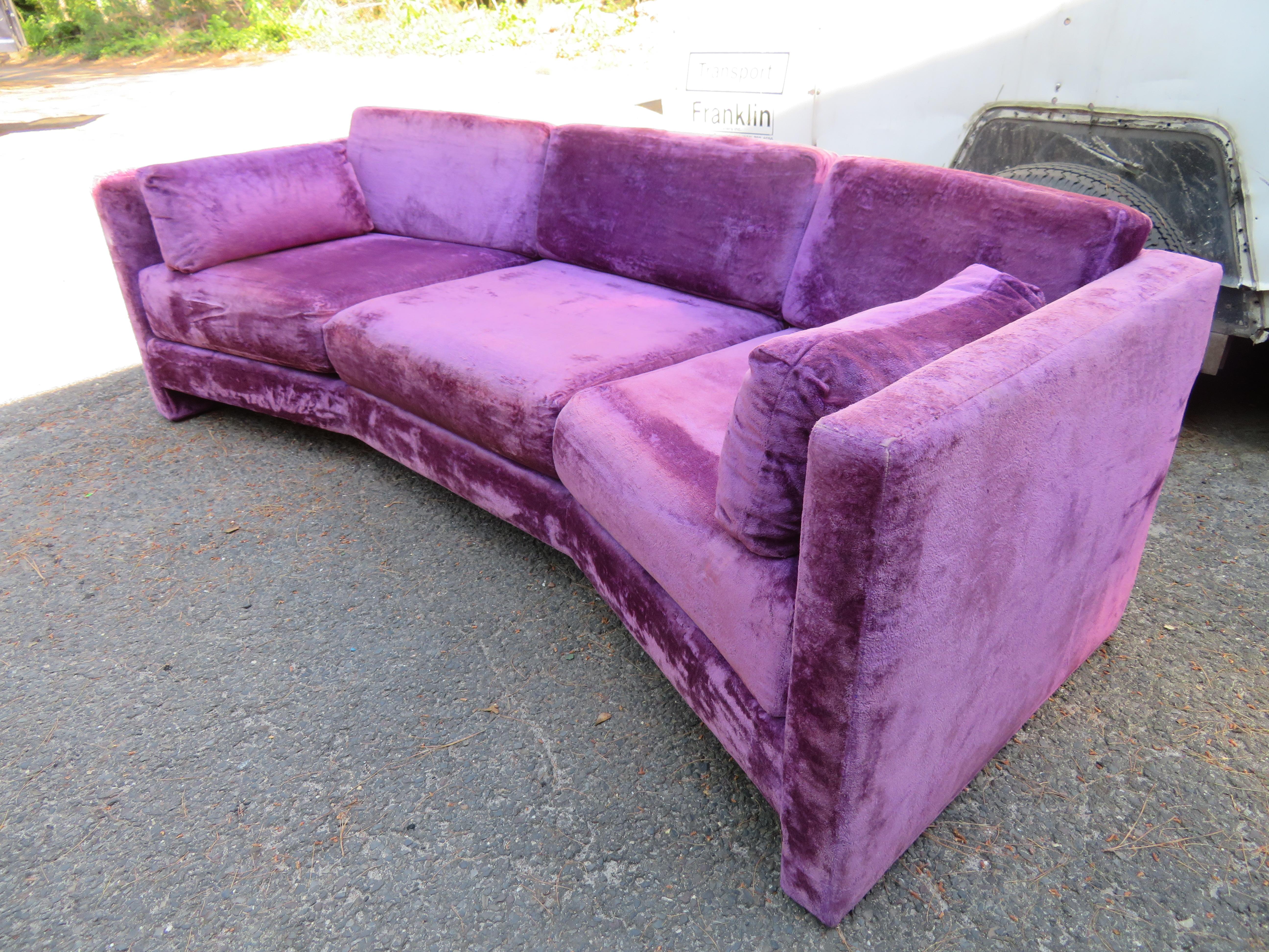 Outrageous Harvey Probber style Purple Velvet Curved Sofa Mid-Century Modern For Sale 4