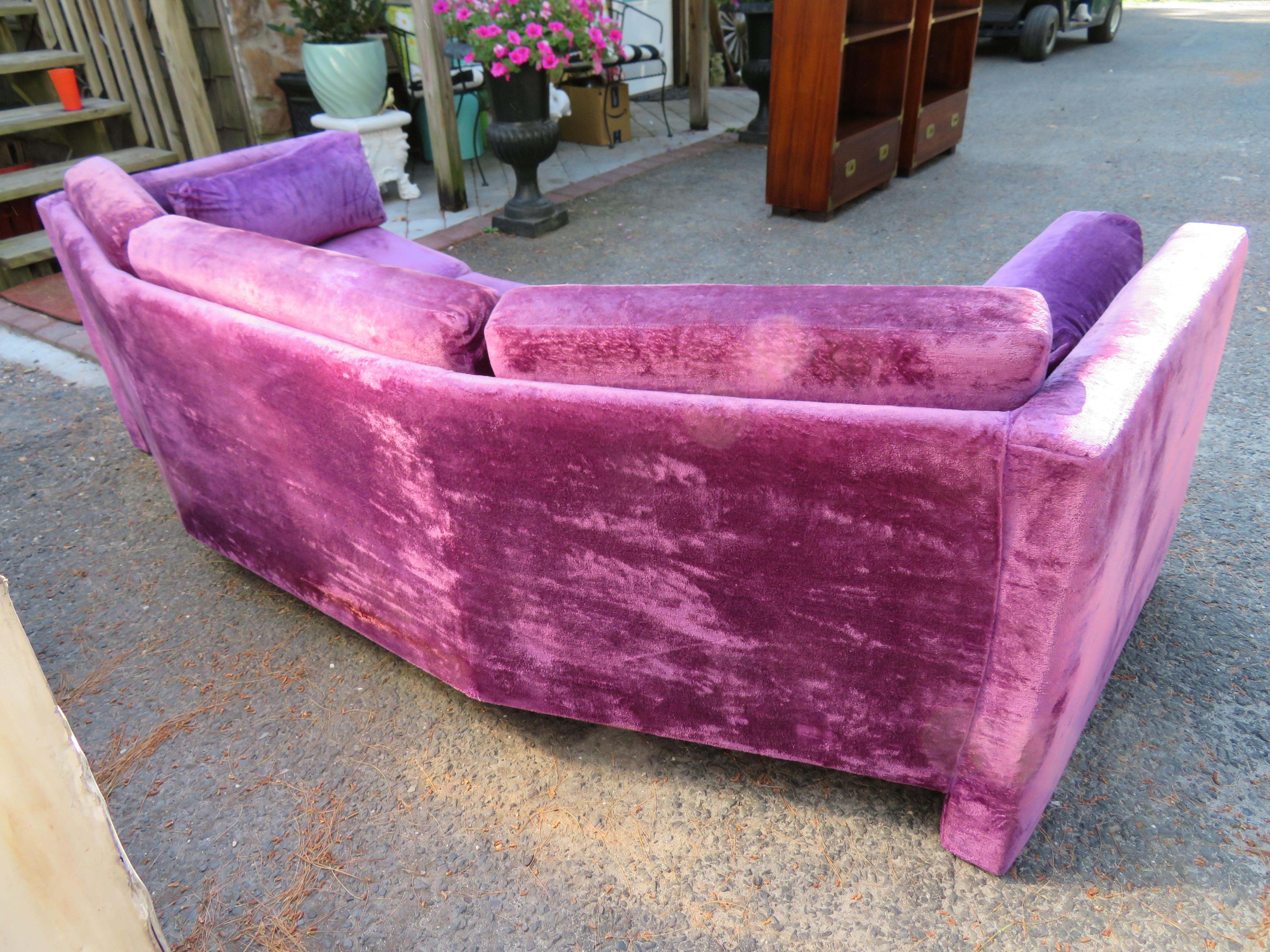 Outrageous Harvey Probber style Purple Velvet Curved Sofa Mid-Century Modern For Sale 5
