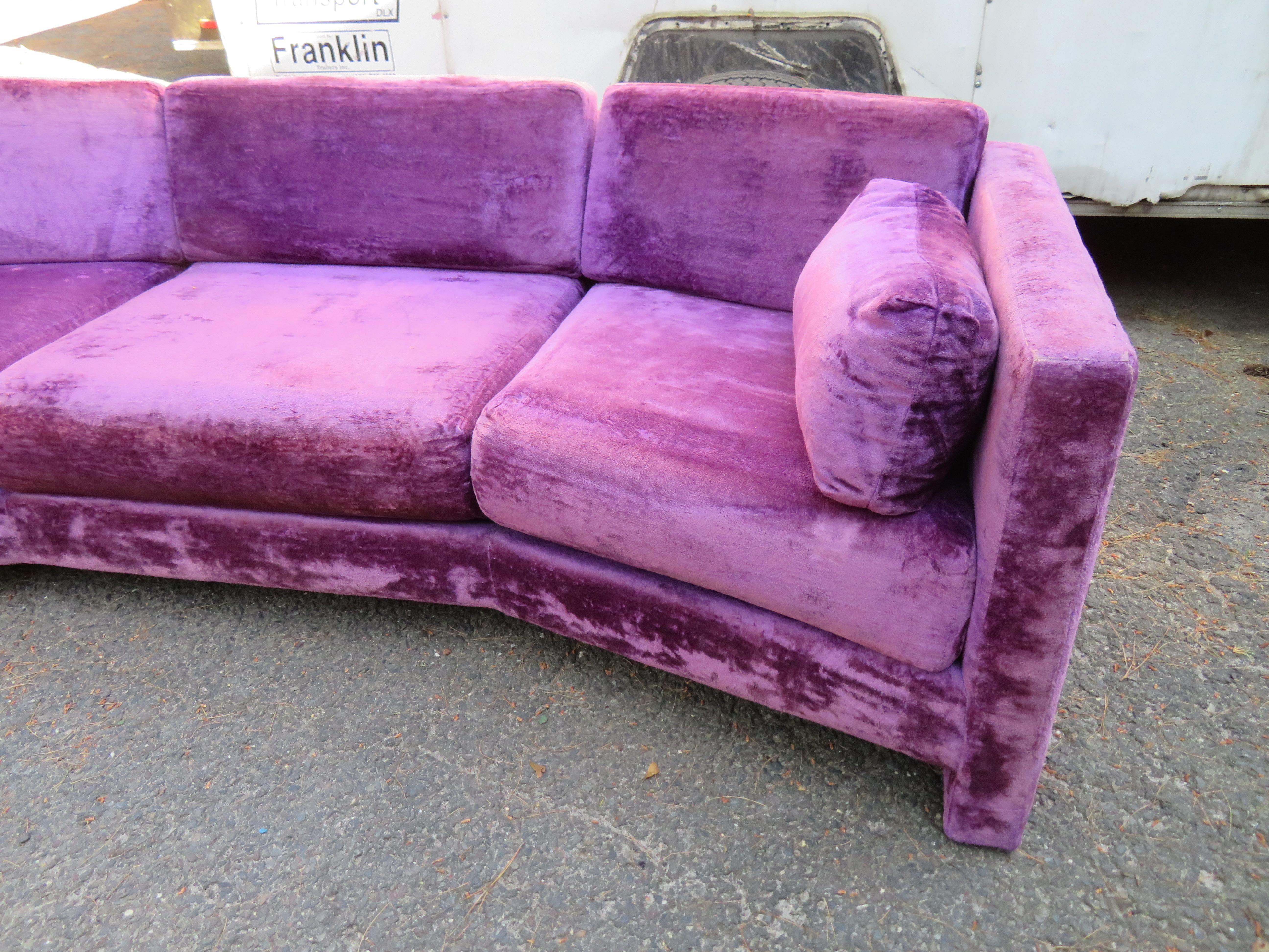 Outrageous Harvey Probber style Purple Velvet Curved Sofa Mid-Century Modern For Sale 9