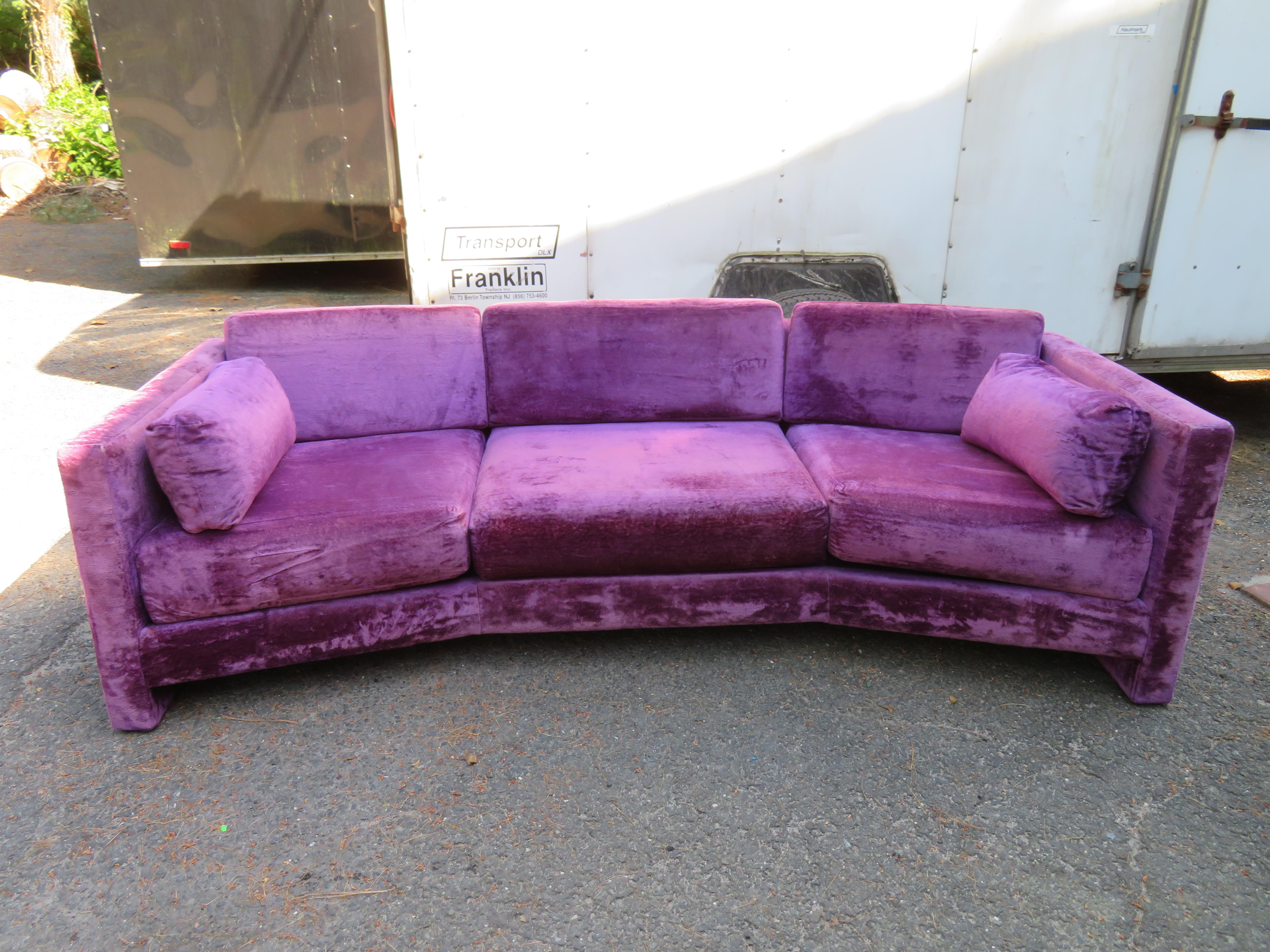 Outrageous Harvey Probber style Purple Velvet Curved Sofa Mid-Century Modern For Sale 11