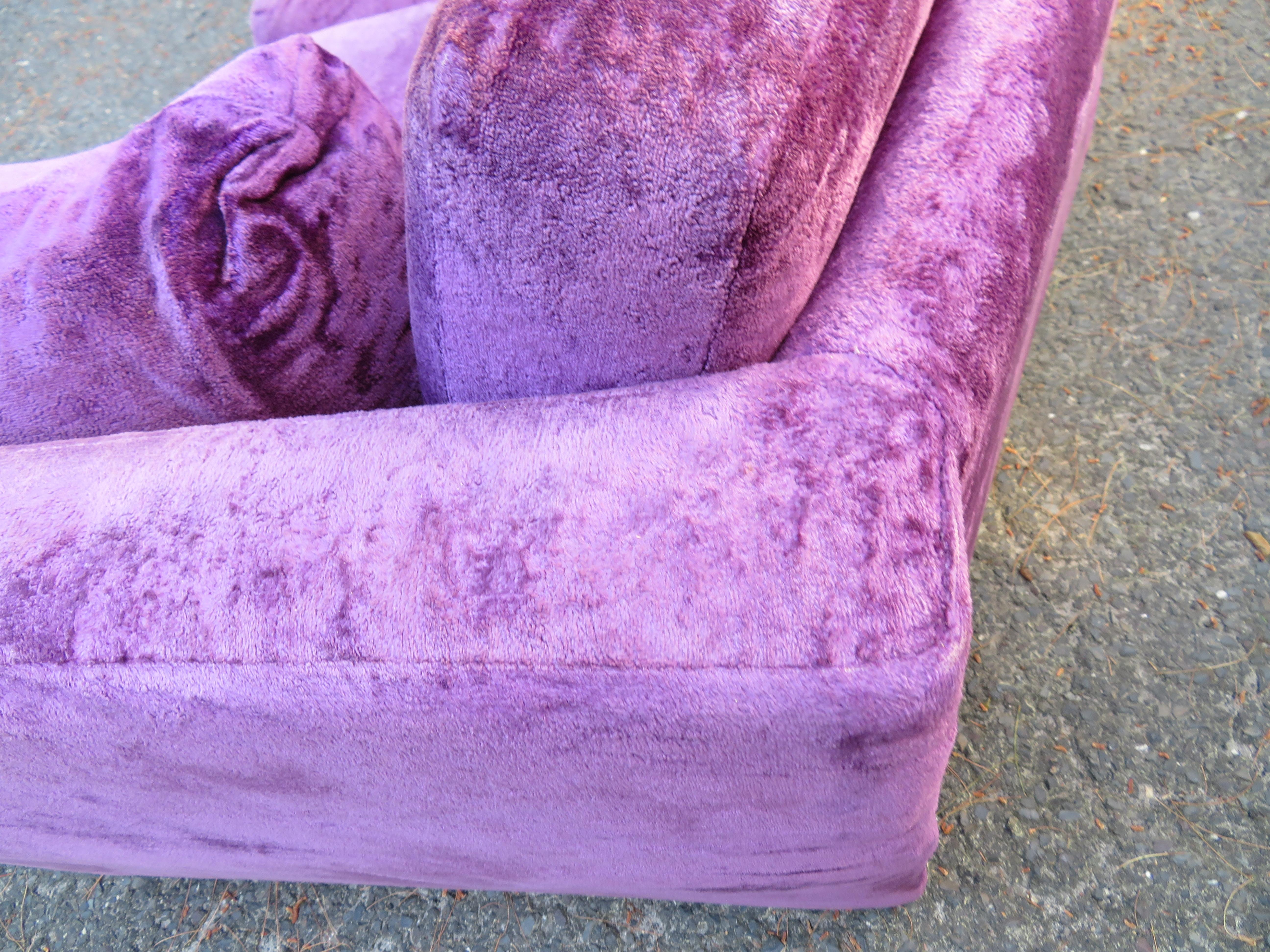 American Outrageous Harvey Probber style Purple Velvet Curved Sofa Mid-Century Modern For Sale