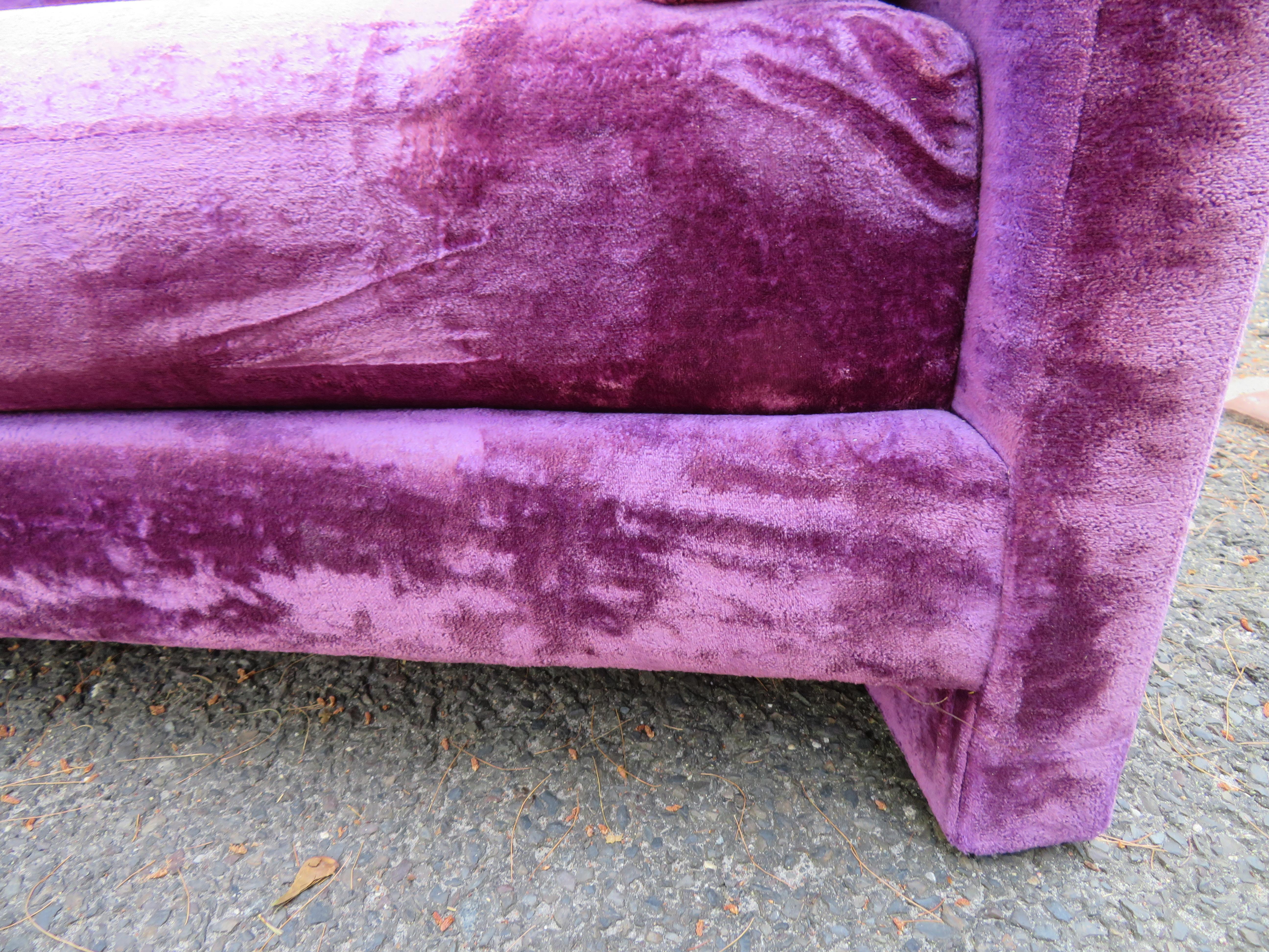 Late 20th Century Outrageous Harvey Probber style Purple Velvet Curved Sofa Mid-Century Modern For Sale