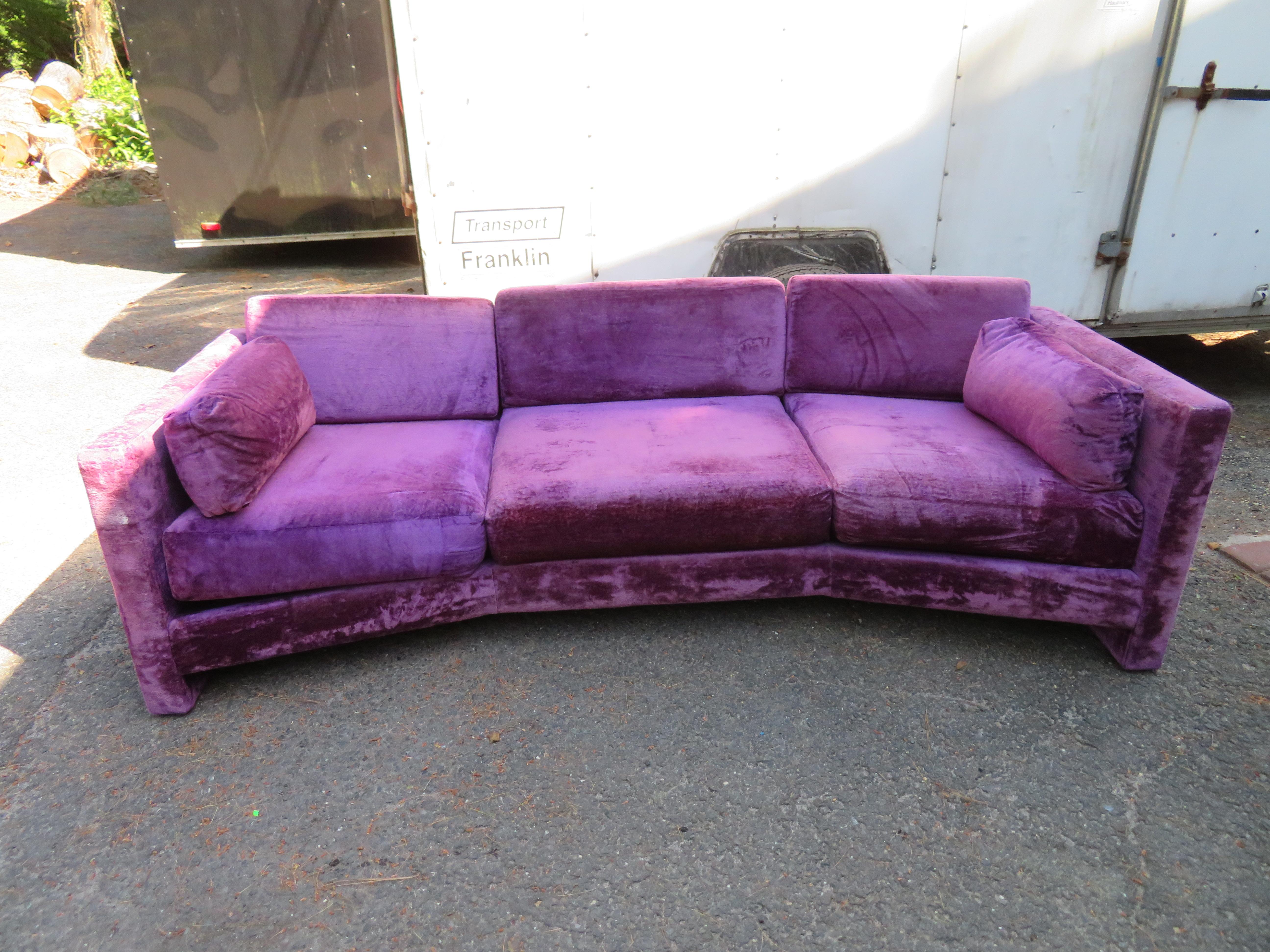 Upholstery Outrageous Harvey Probber style Purple Velvet Curved Sofa Mid-Century Modern For Sale