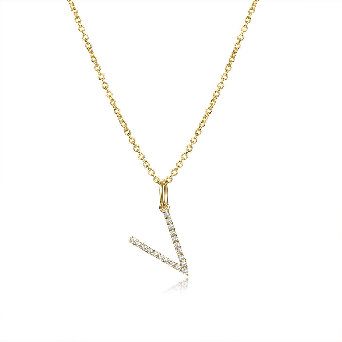 Modern Diamond Letter V Pendant 14K Yellow Gold Necklace For Sale