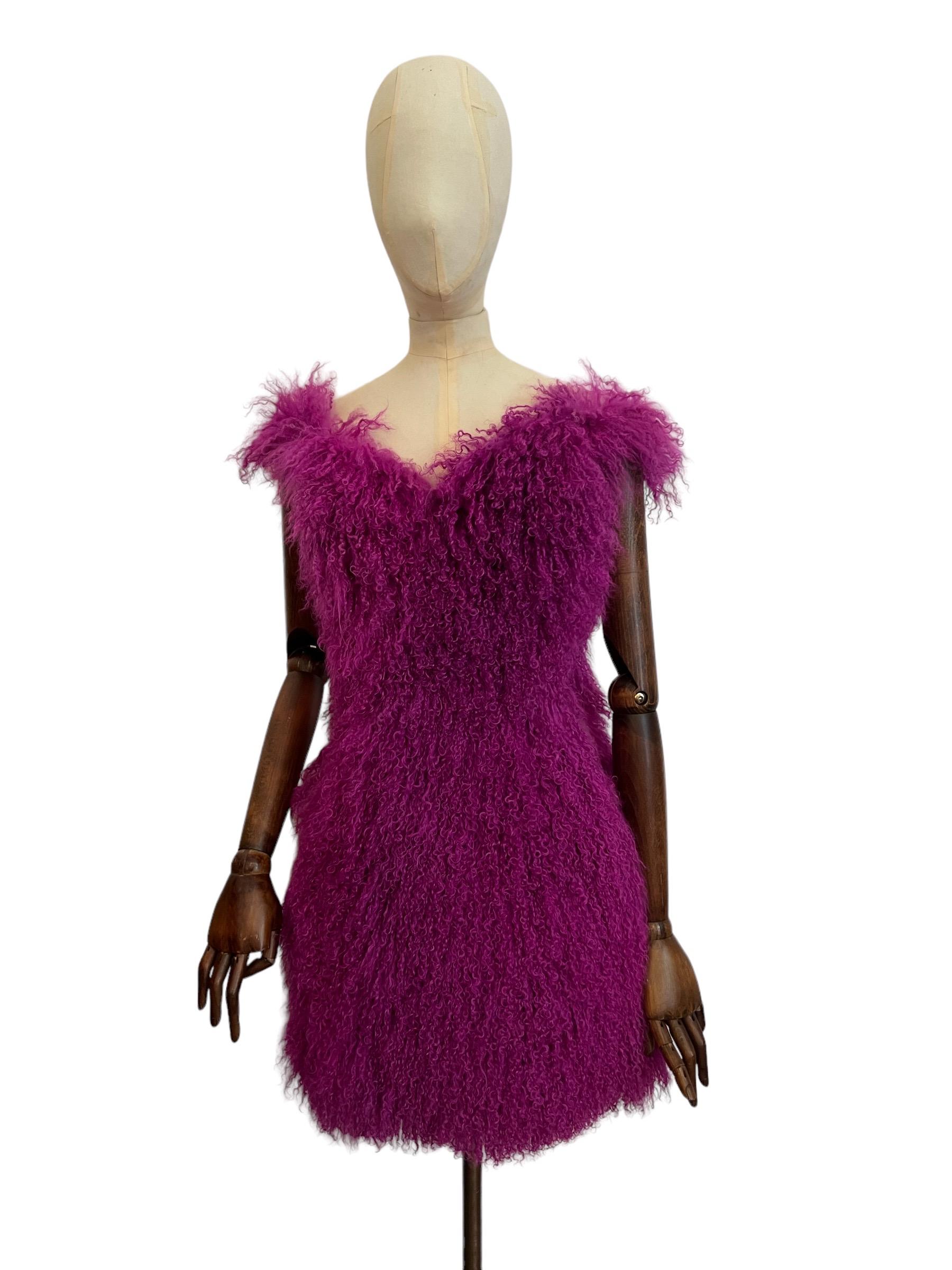 Outrageous VERSUS Versace 2012 Runway Magenta Purple Mongolian Lamb Fur Dress For Sale 6