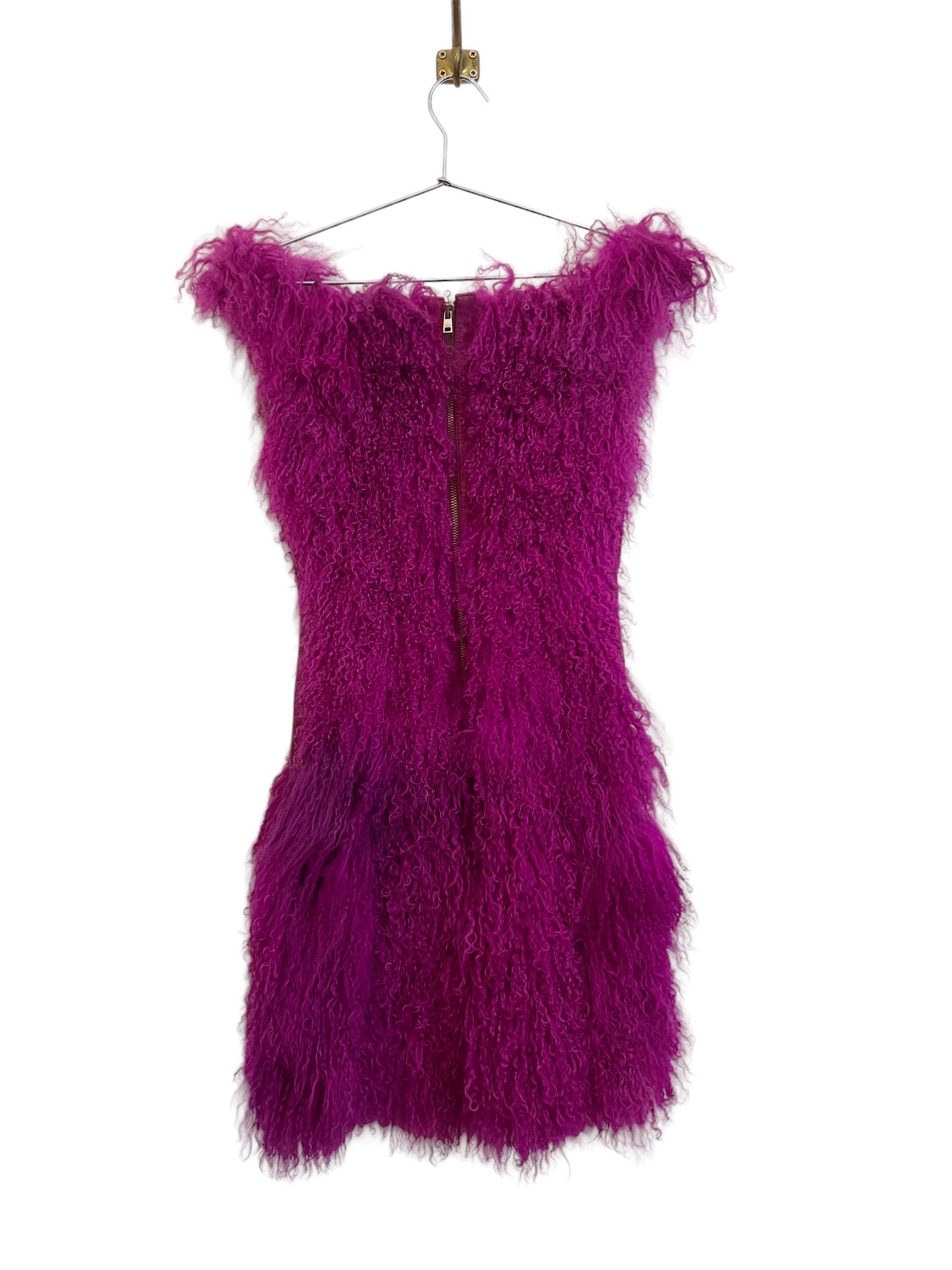 Outrageous VERSUS Versace 2012 Runway Magenta Purple Mongolian Lamb Fur Dress For Sale 8