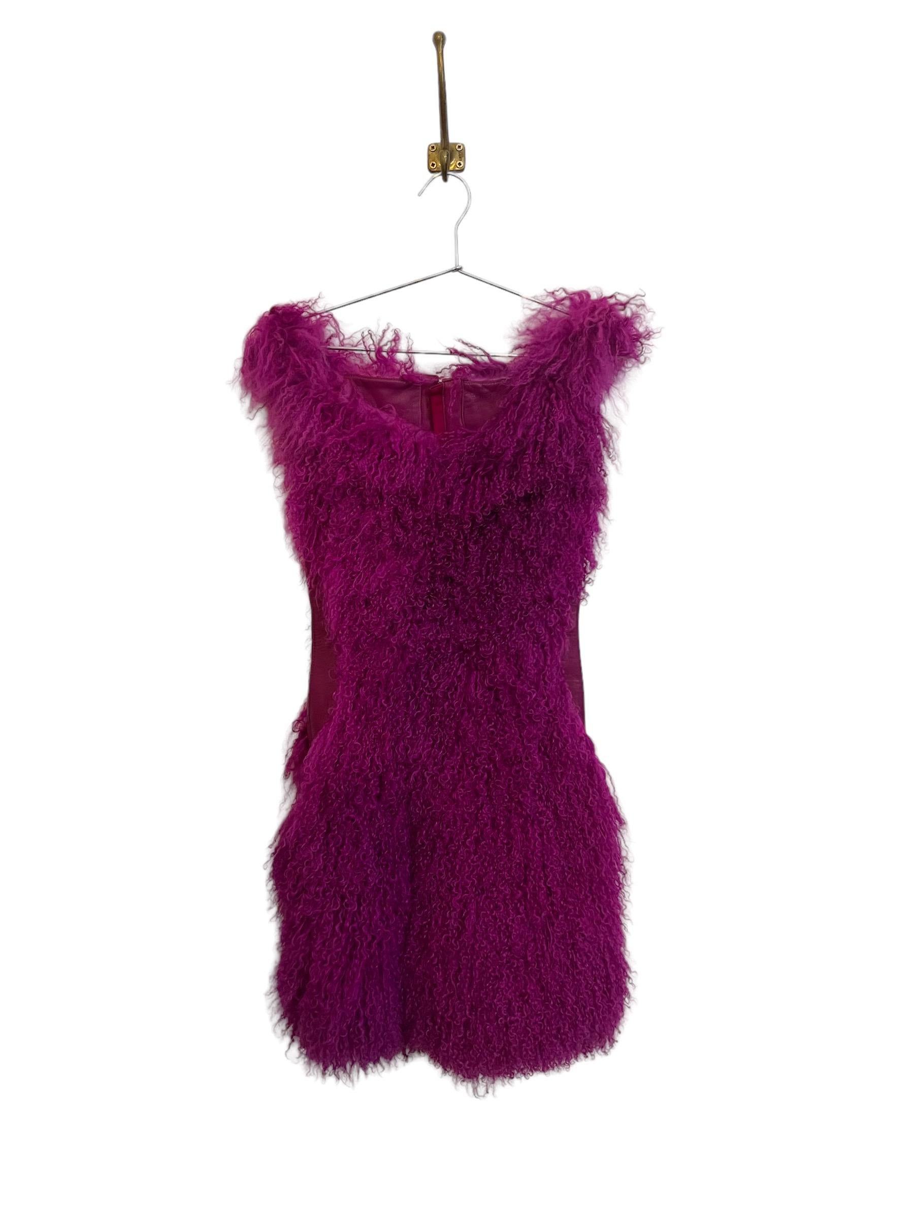 Outrageous VERSUS Versace 2012 Runway Magenta Purple Mongolian Lamb Fur Dress For Sale 4