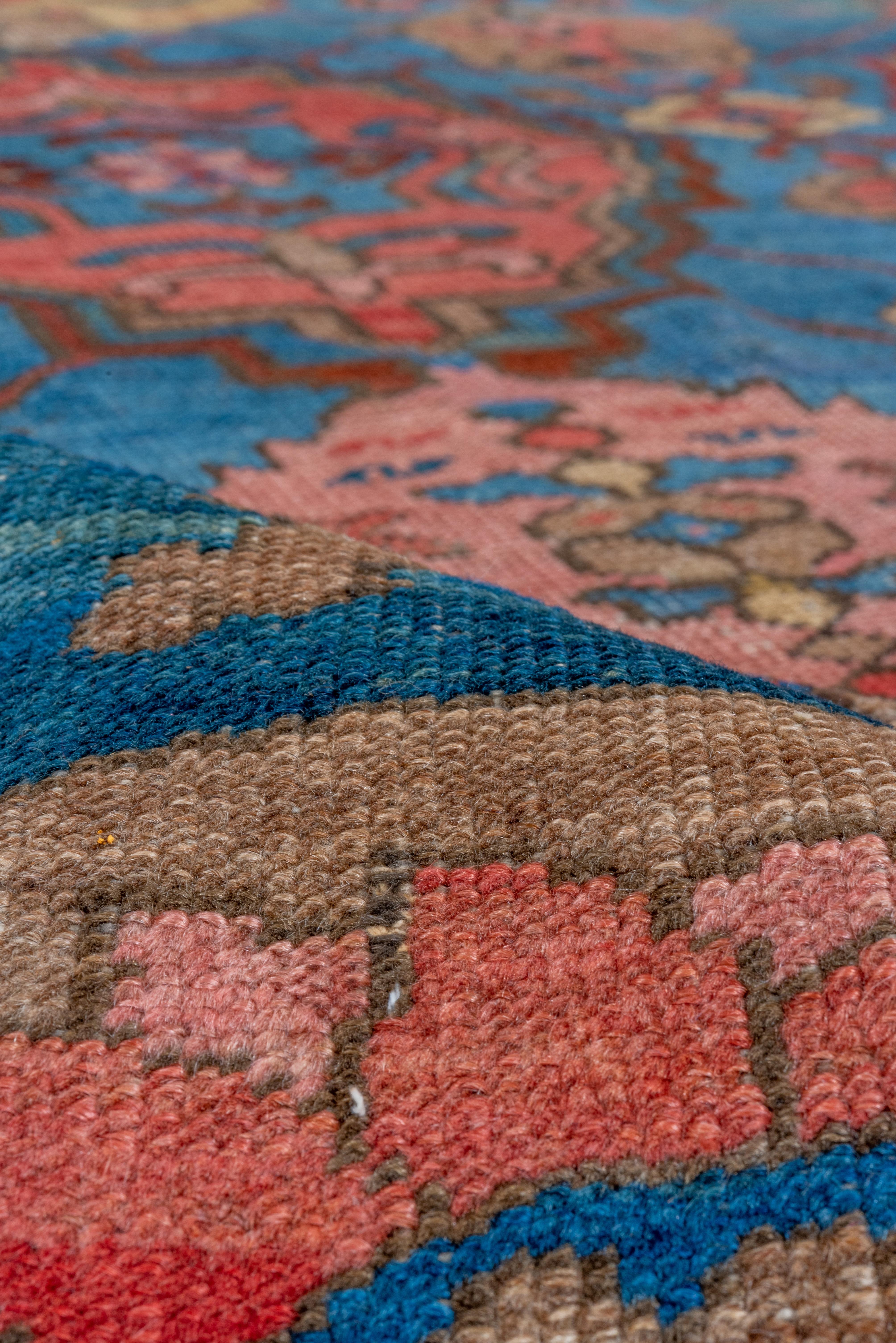 This magnificent antique NW Persian rustic carpet features a blue field with an allover pattern of rounded cartouches, hexagons and related forms, accented in red, ecru, rust, rose and straw. Wide strip-style border with bold reversing turtles.