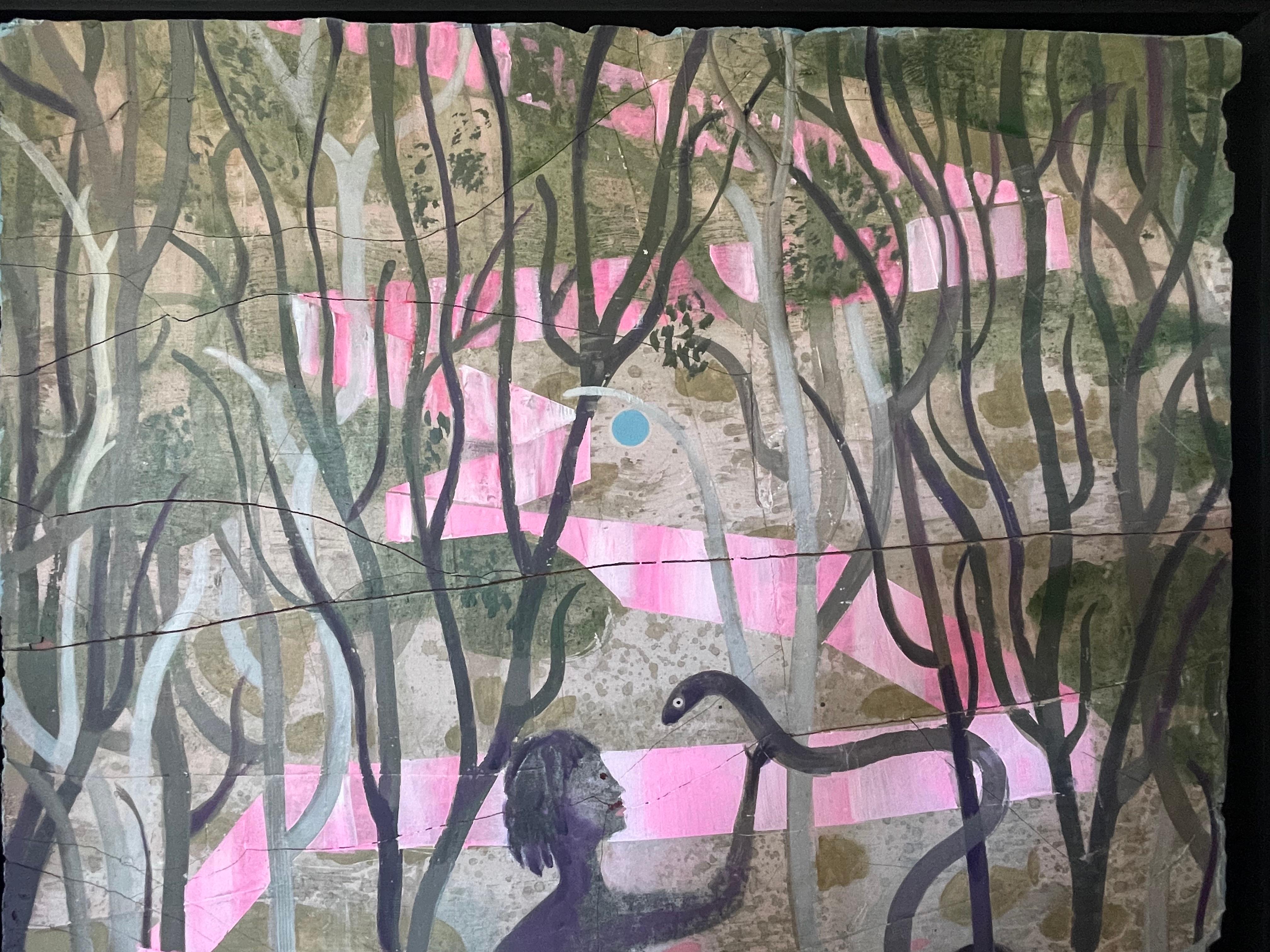 Dieses Gemälde mit geschwungenen Kurven und rosafarbenen Elementen des bekannten New Yorker Künstlers Kevin Paulsen wurde mit getöntem Gips und Pigmenten auf Polystyrol gemalt und in einen Schattenboxrahmen aus Holz mit schwarzer Farbe und goldenen