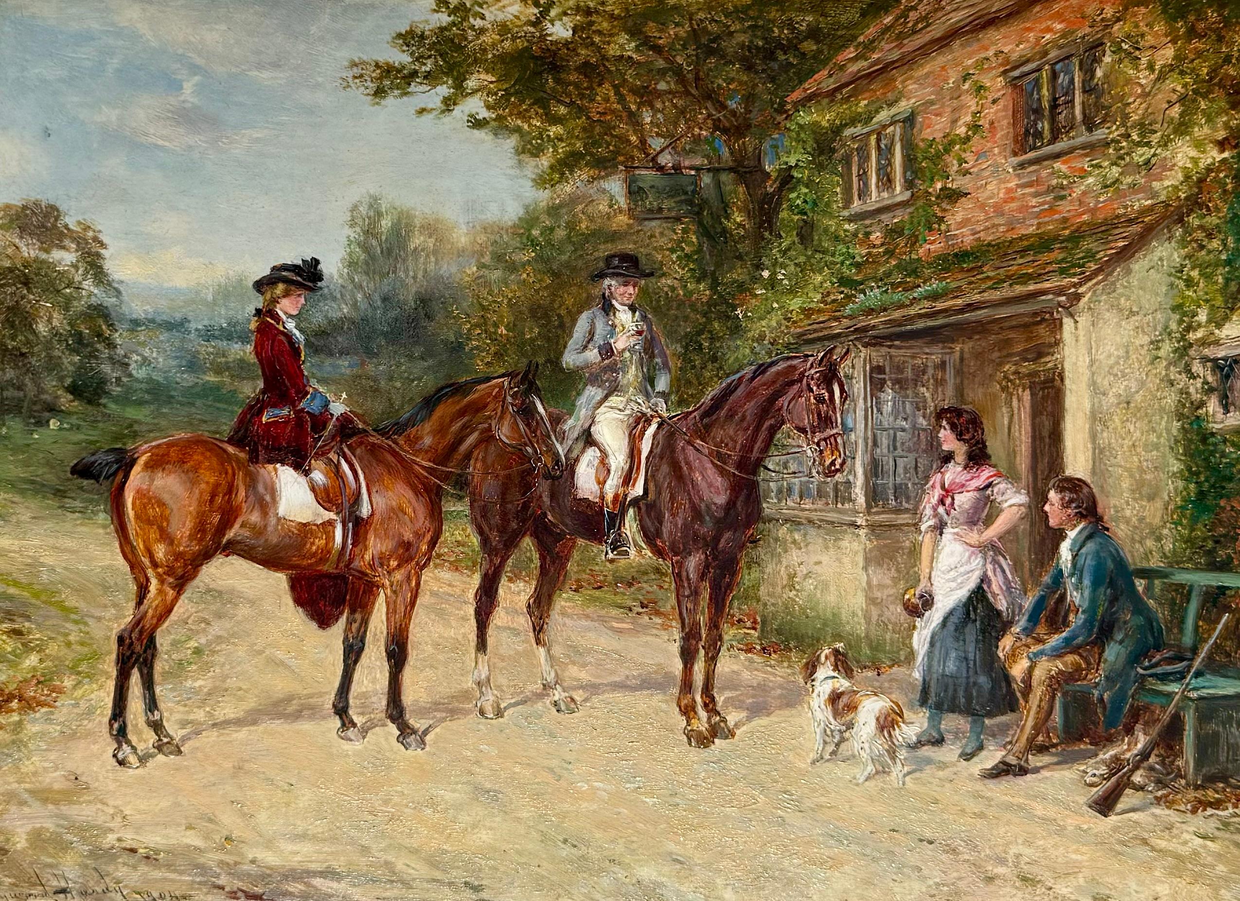 Óleo sobre tabla firmado y fechado en la parte inferior izquierda que representa a dos jinetes a caballo compartiendo una bebida en el exterior de una posada rural.  El cuadro mide 17,75